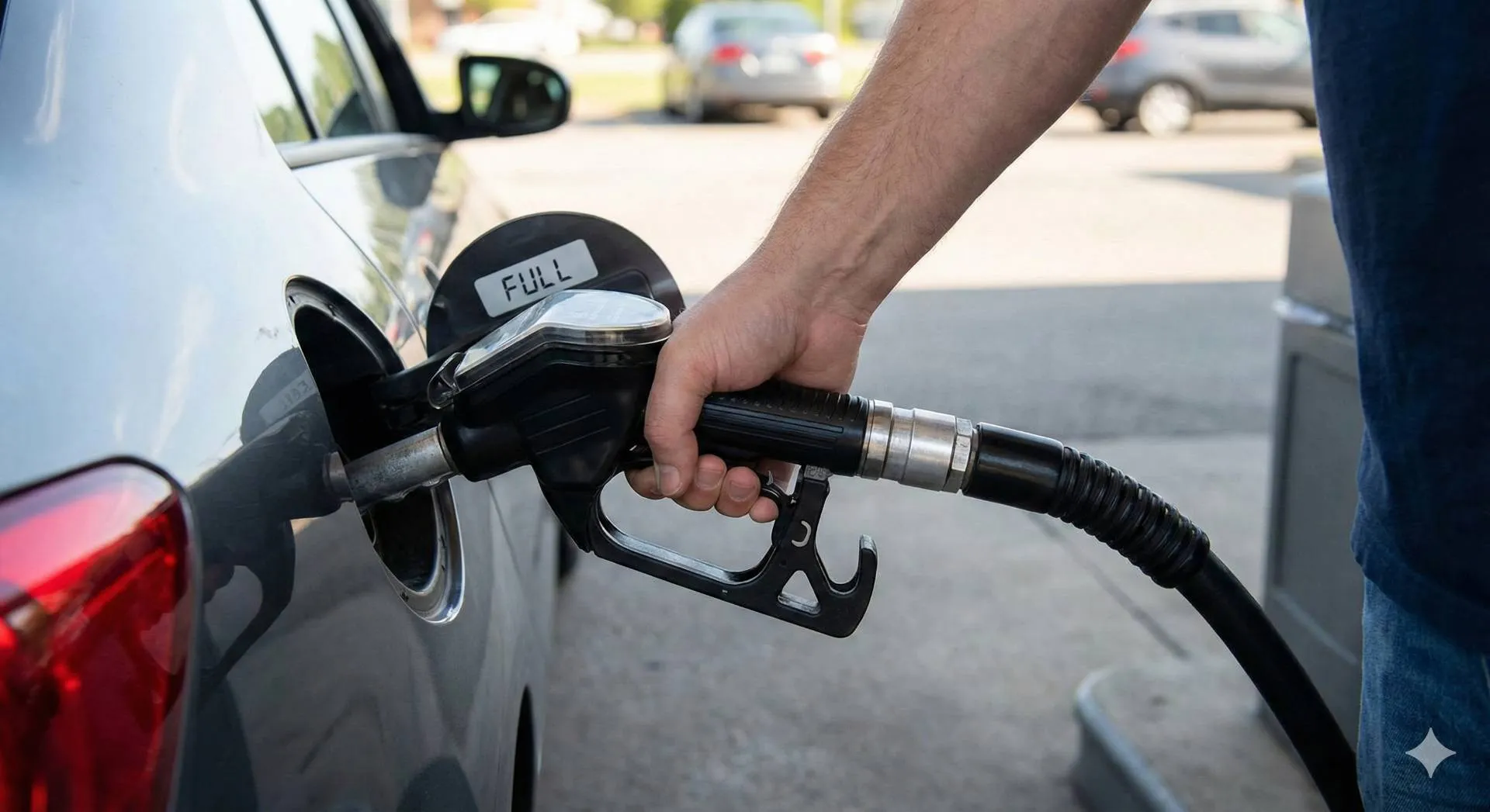 Primo piano di una mano che impugna una pistola erogatrice inserita nel bocchettone del serbatoio di un'auto in una stazione di servizio. Un piccolo display digitale sulla pistola mostra la scritta 'FULL'