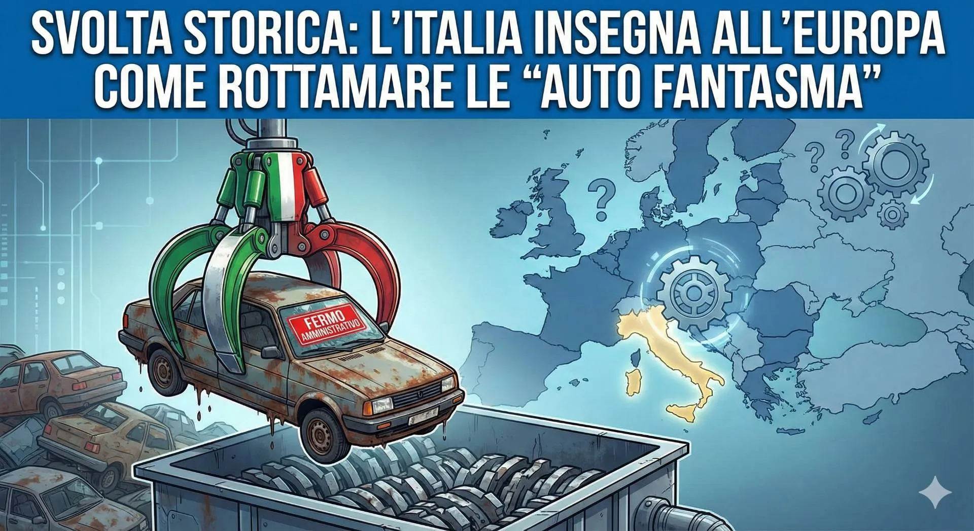 Illustrazione concettuale di una pinza meccanica con i colori dell'Italia che solleva un'auto arrugginita con cartello "FERMO AMMINISTRATIVO" per gettarla in un trituratore, con una mappa dell'Europa e ingranaggi sullo sfondo