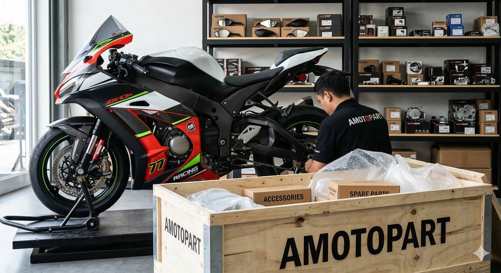 una grossa cassa di legno per spedizioni con il logo "AMOTOPART" stampato sul lato contiene scatole di ricambi e pluriball. Dietro la cassa, un meccanico con una maglietta con logo "AMOTOPART" sta lavorando alla ruota posteriore di una moto sportiva