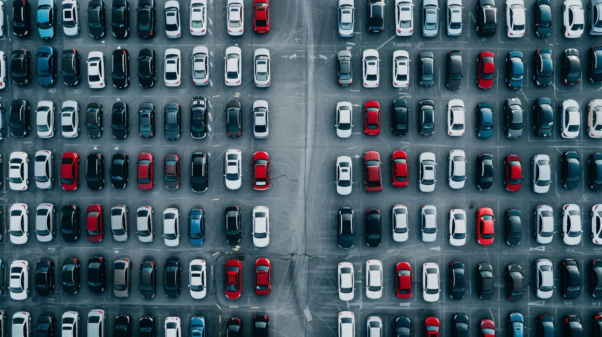 piazzale pieno di auto ripreso dall'alto, si vedono piccole tante auto di diversi colori