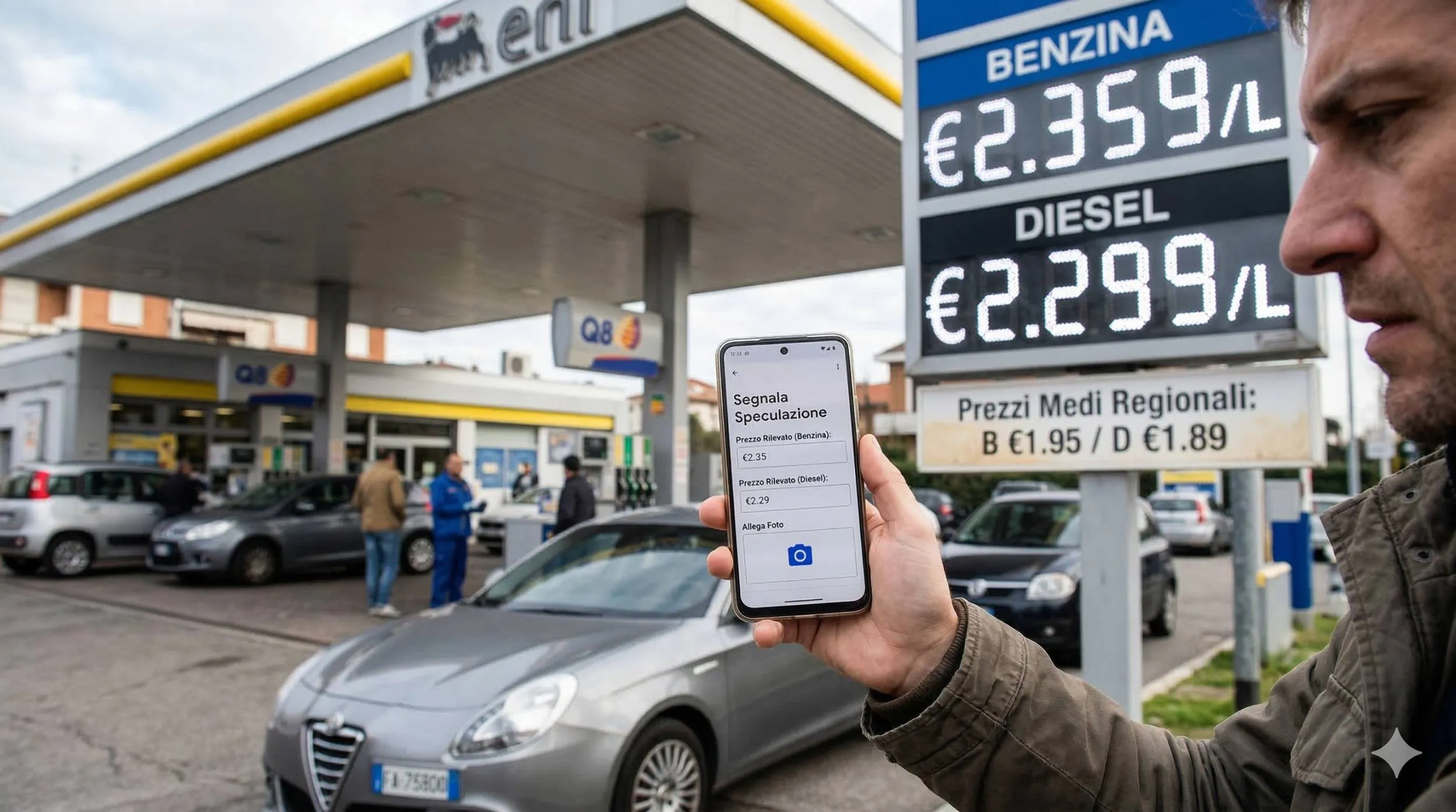 Una persona a un distributore di benzina in Italia scansiona un grande cartello digitale dei prezzi del carburante che mostra tariffe anomale e molto elevate con uno smartphone, utilizzando un'app di reporting per segnalare la speculazione alle autorità