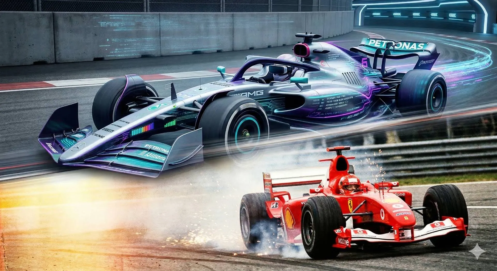 Confronto visivo tra due epoche della Formula 1: in alto una monoposto moderna, fredda, ipertecnologica e con dettagli luminosi simili a quelli di un videogioco; in basso una classica monoposto rossa del passato
