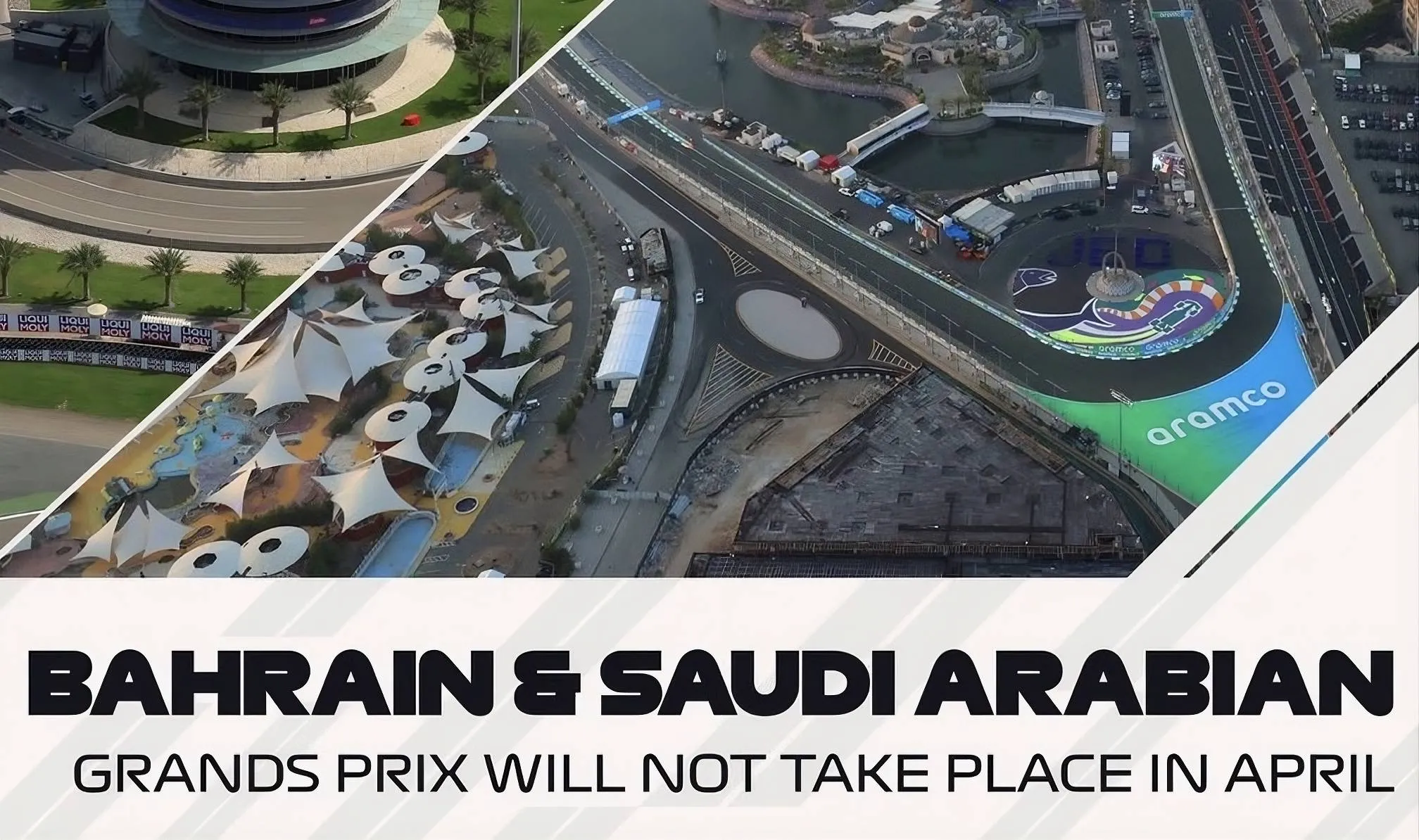 avviso della formula 1 con scritta che non si terranno ad aprile e immagine del circuito