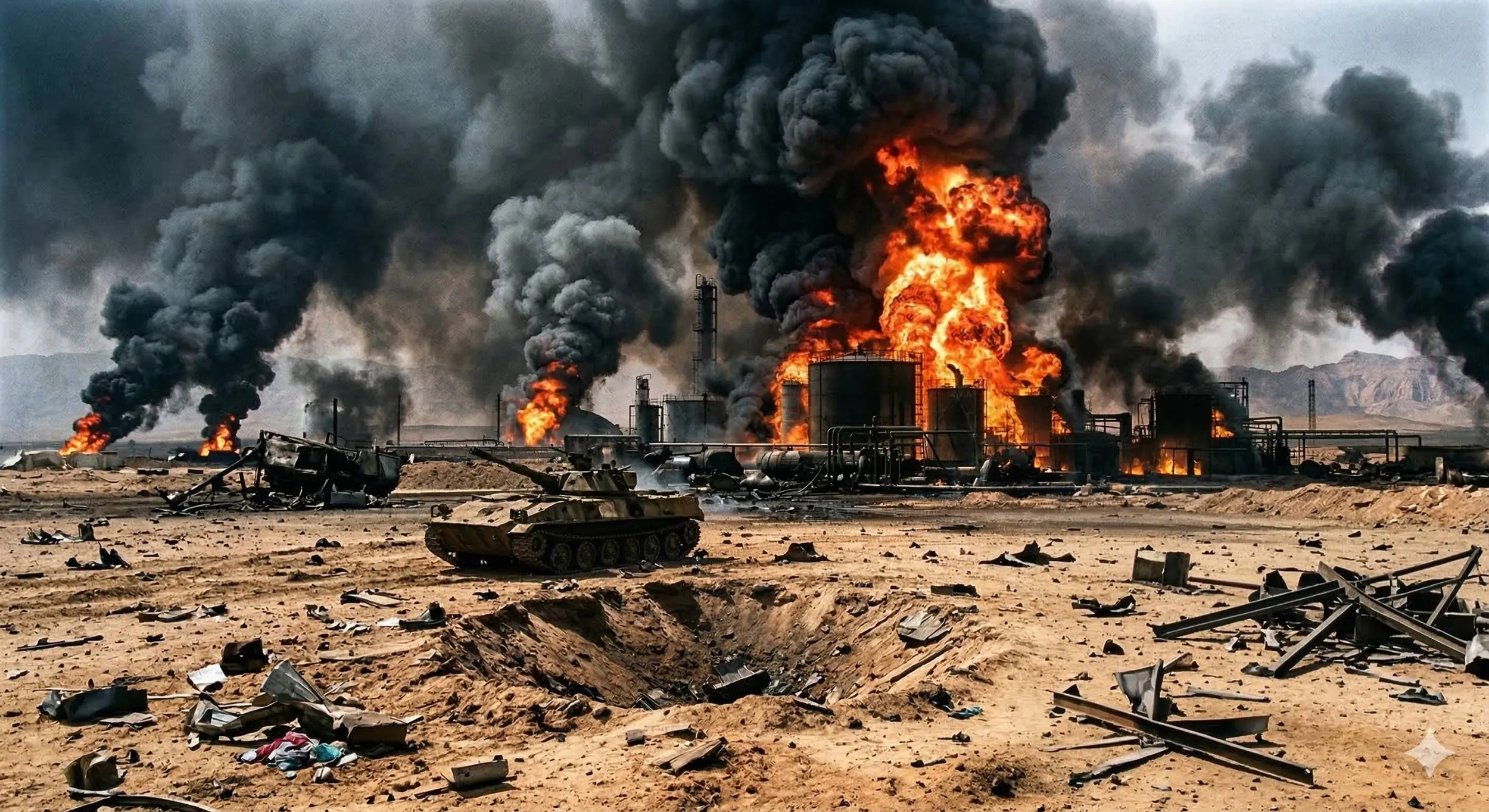Un paesaggio desertico devastato dalla guerra. Sullo sfondo, un impianto petrolifero è avvolto da fiamme intense e alte colonne di denso fumo nero che oscurano il cielo.