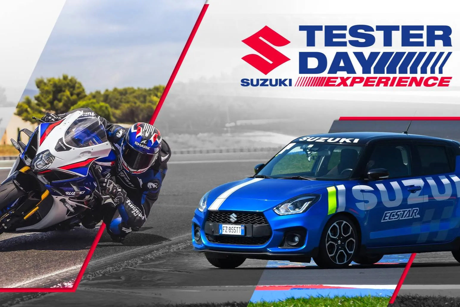 locandina tester day dai suzuki con una swift blu sulla destra e una moto gsx sulla sinistra