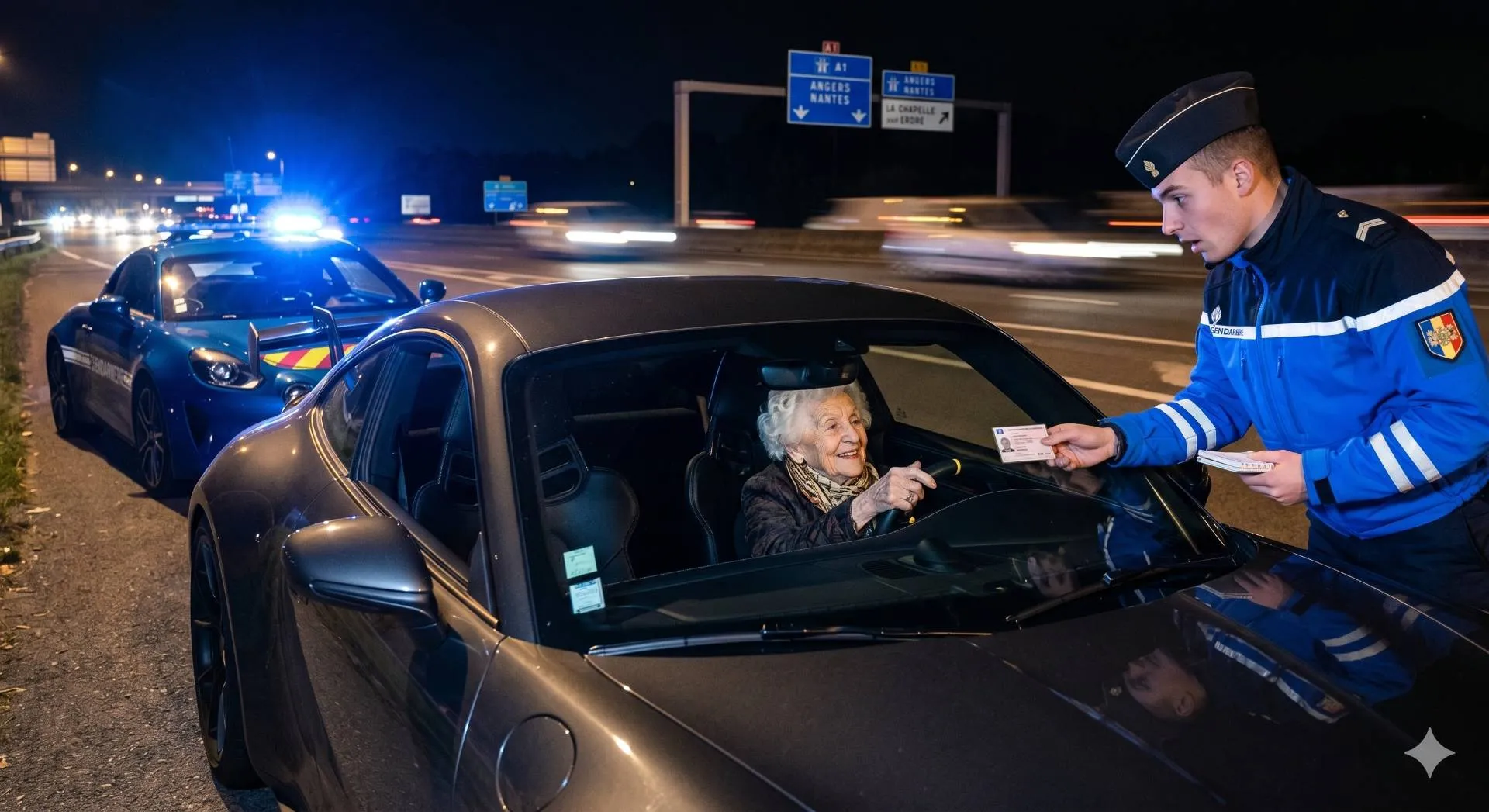 Un'immagine notturna sull'autostrada francese A1 che cattura un fermo per eccesso di velocità. Una signora molto anziana e minuta, con capelli bianchi e sorridente (nata nel 1934)