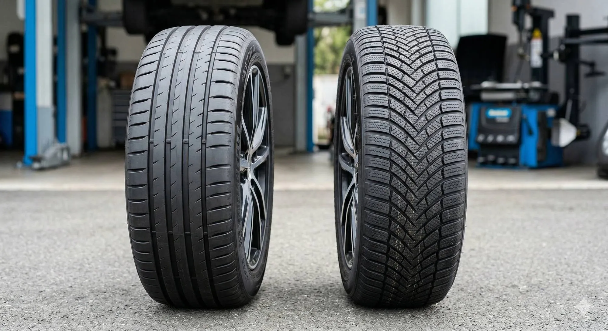 Confronto ravvicinato tra il battistrada di uno pneumatico estivo a sinistra e una gomma all season a destra all'interno di un'officina.