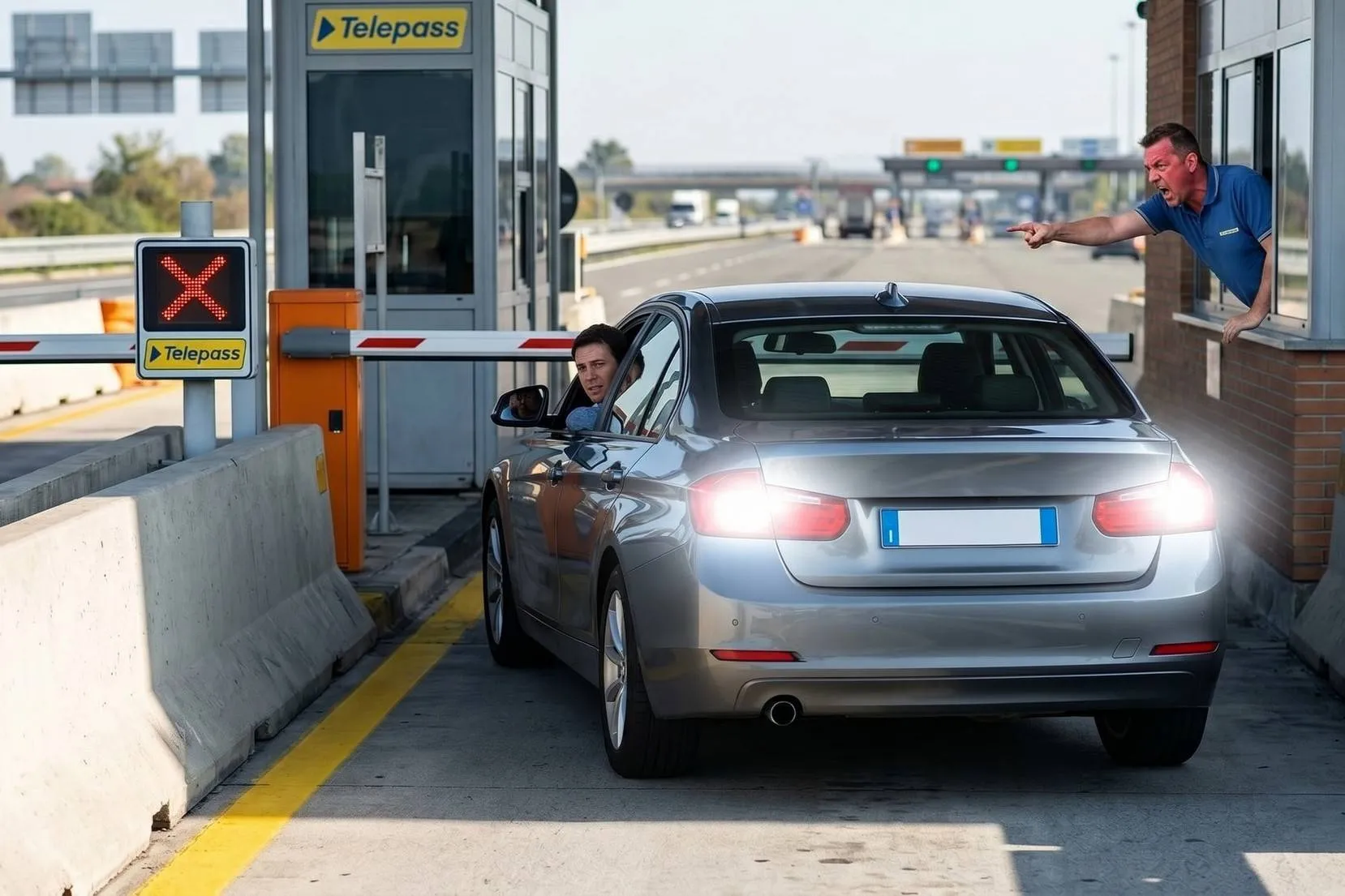 Un'immagine generata con l'AI simula una retromarcia al casello autostradale