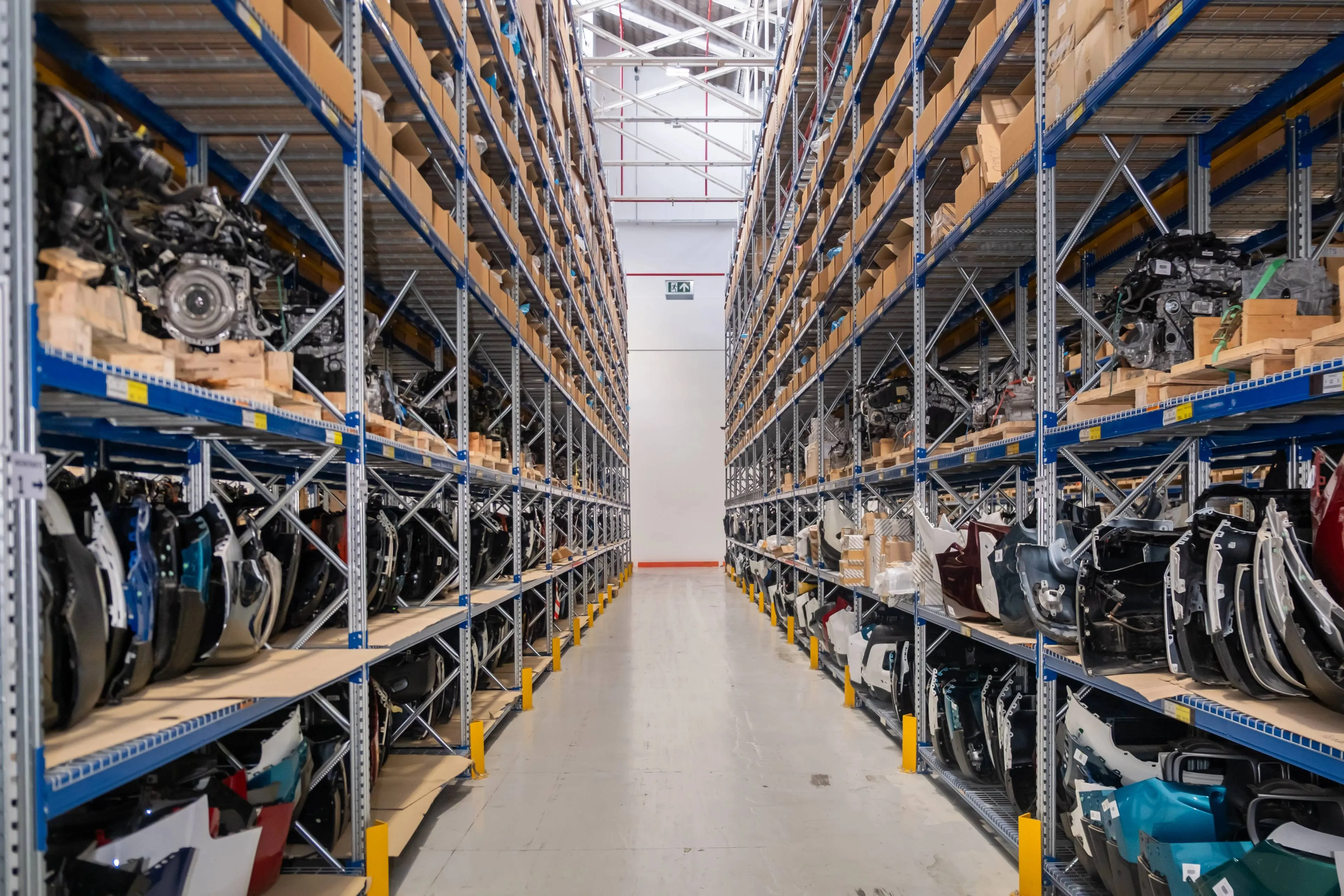 WarehouseDismantlingCenter-CircularEconomyHub-Turin si vedono pezzi di auto pronti a essere riutilizzati nel mondo dell'auto