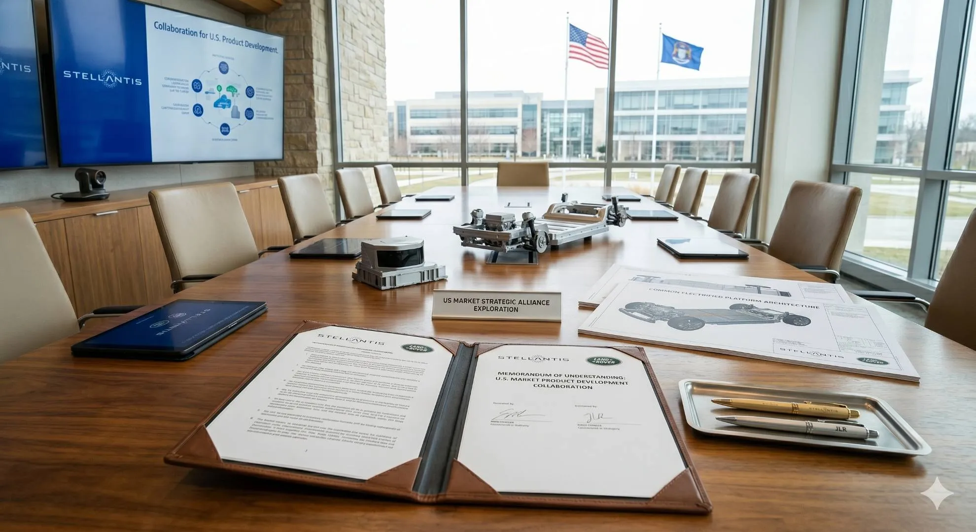 Primo piano di un tavolo all'interno di una sala riunioni aziendale con un documento ufficiale aperto che riporta il Memorandum of Understanding tra Stellantis e Jaguar Land Rover.