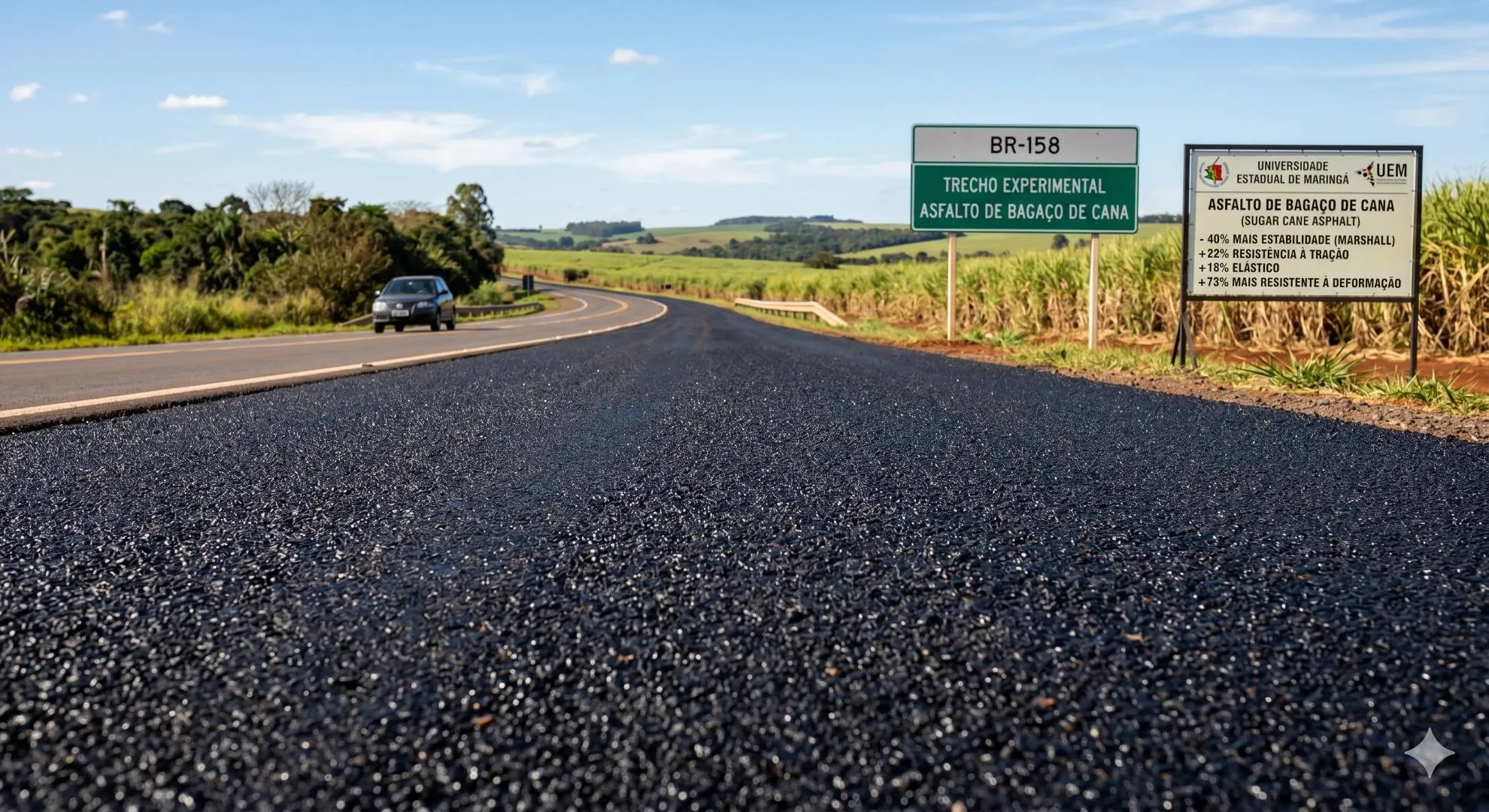 asfalto fatto con zucchero si vede una strada asfaltata fresca con un'auto sulla sinistra e due cartelli sulla destra