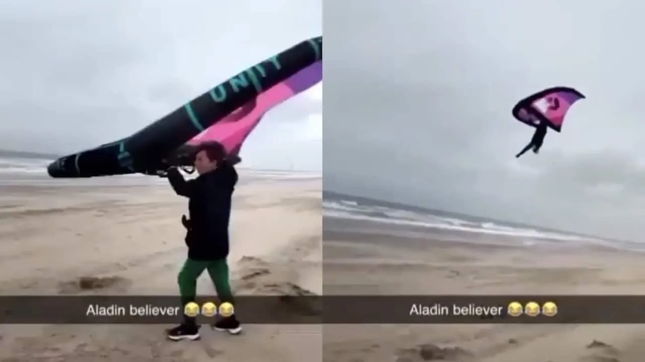 Niet handig: vliegeren op het strand tijdens Storm Eunice