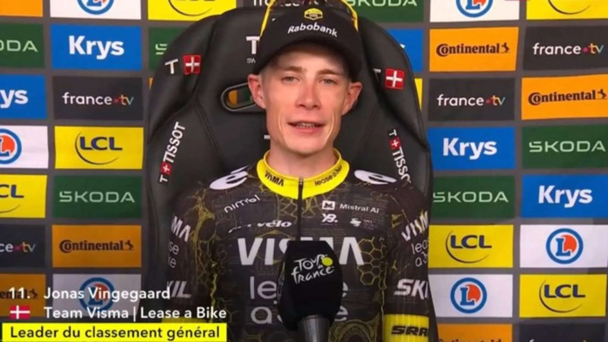 Jonas Vingegaard speaks to the media 26 Tour de Franceafter winning stage 1 at the 2026 Tour de France