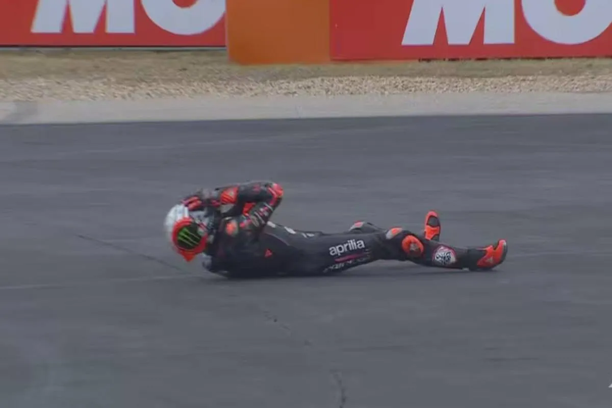 Marco Bezzecchi pilota Aprilia MotoGP caduto nella Sprint ad Austin, USA GP