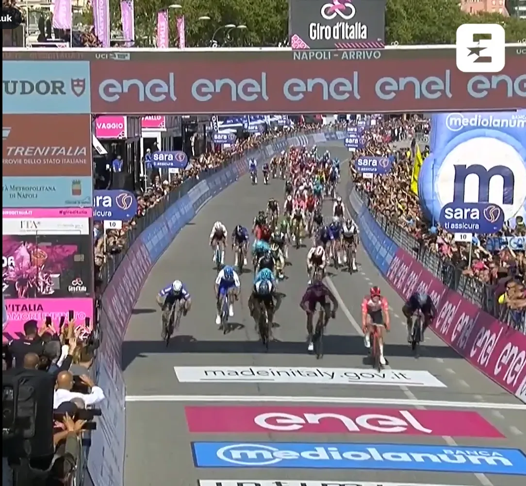 VIDEO: Drama as breakaway is caught with just 200m to go before Mads Pedersen sprints to victory at the Giro d'Italia