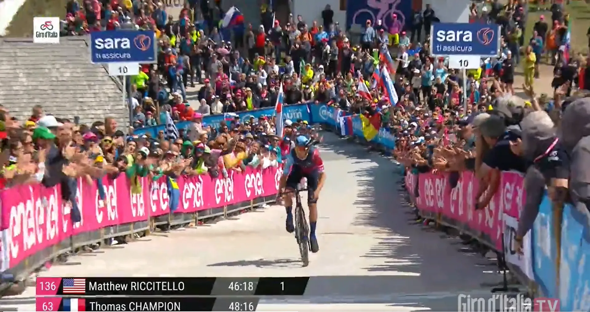 VIDEO: Matthew Riccitello blitzes course to set fastest time on stage 20 time-trial with favourites still to come at the Giro d'Italia