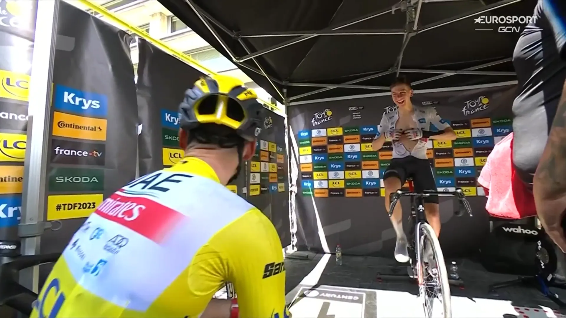 VIDEO: Tadej Pogacar mocks Wout van Aert's frustration following stage 2 of the Tour de France