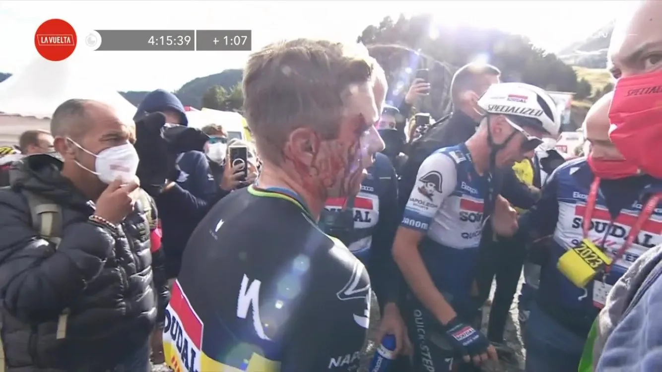 VIDEO: Bloody Remco Evenepoel as he crashes seconds after winning stage 3 of Vuelta a Espana