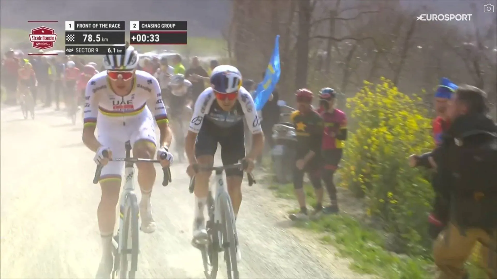 VIDEO: Tom Pidcock & Tadej Pogacar ignite Strade Bianche 2025 with 80km still to go