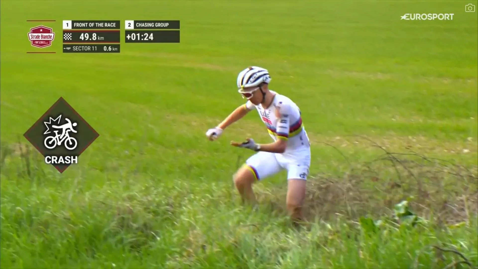 VIDEO: Tadej Pogacar crashes into the grass, leaving Tom Pidcock solo at the front of Strade Bianche 2025!