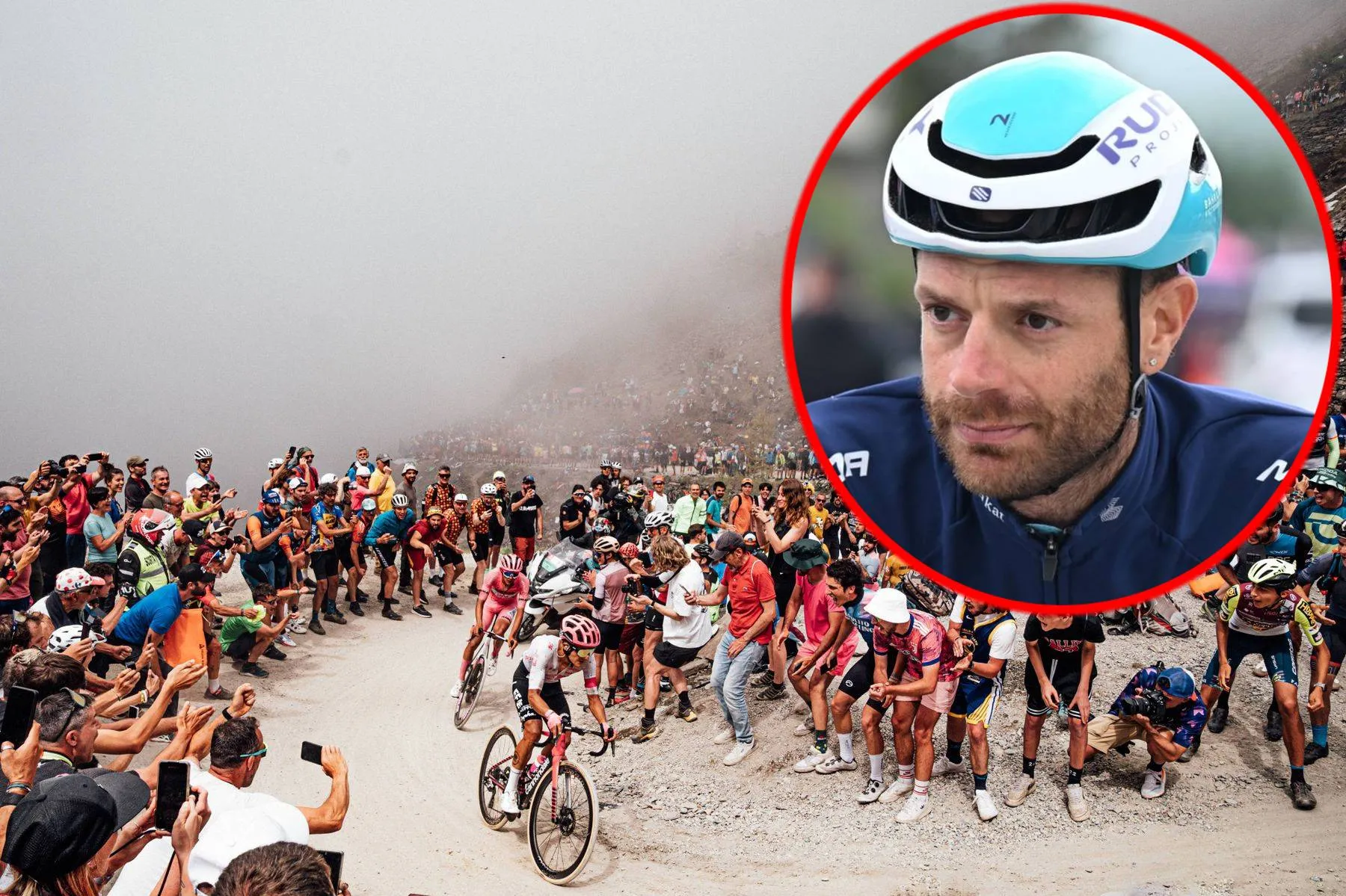 Isaac del Toro and Richard Carapaz on the Colle delle Finestre at the 2025 Giro d'Italia, and Damiano Caruso who has commented on the situation