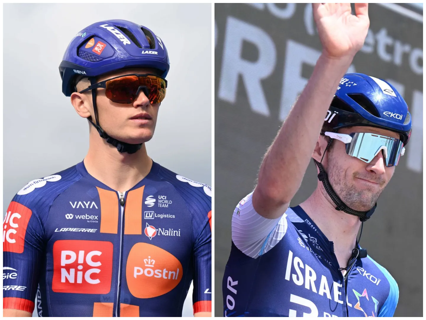 Oscar Onley and Derek Gee during podium presentations during the 2025 season