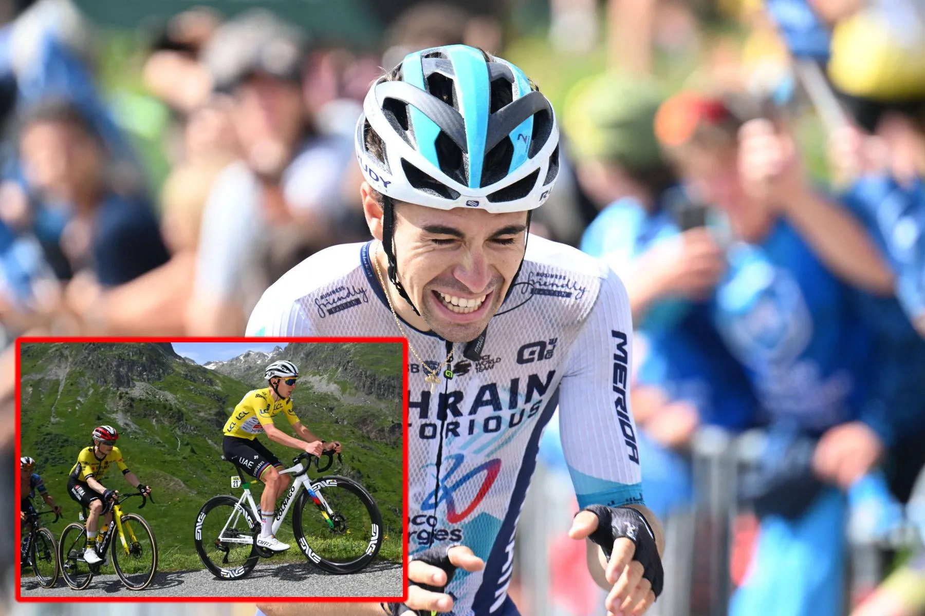 Lenny Martínez winning stage 8 of the Criterium du Dauphiné, ahead of Tadej Pogacar and Jonas Vingegaard