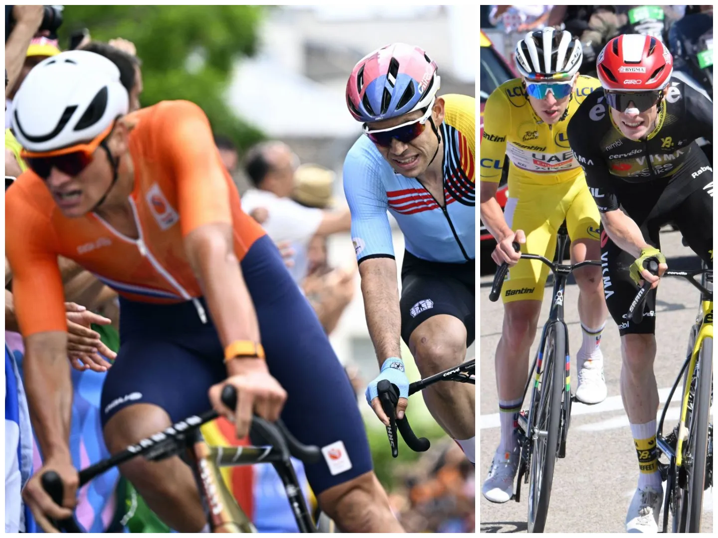 Wout van Aert and Mathieu van der Poel at the 2024 Olympic Games; Jonas Vingegaard and Tadej Pogacar at the 2025 Tour de France climbing Mont Ventoux