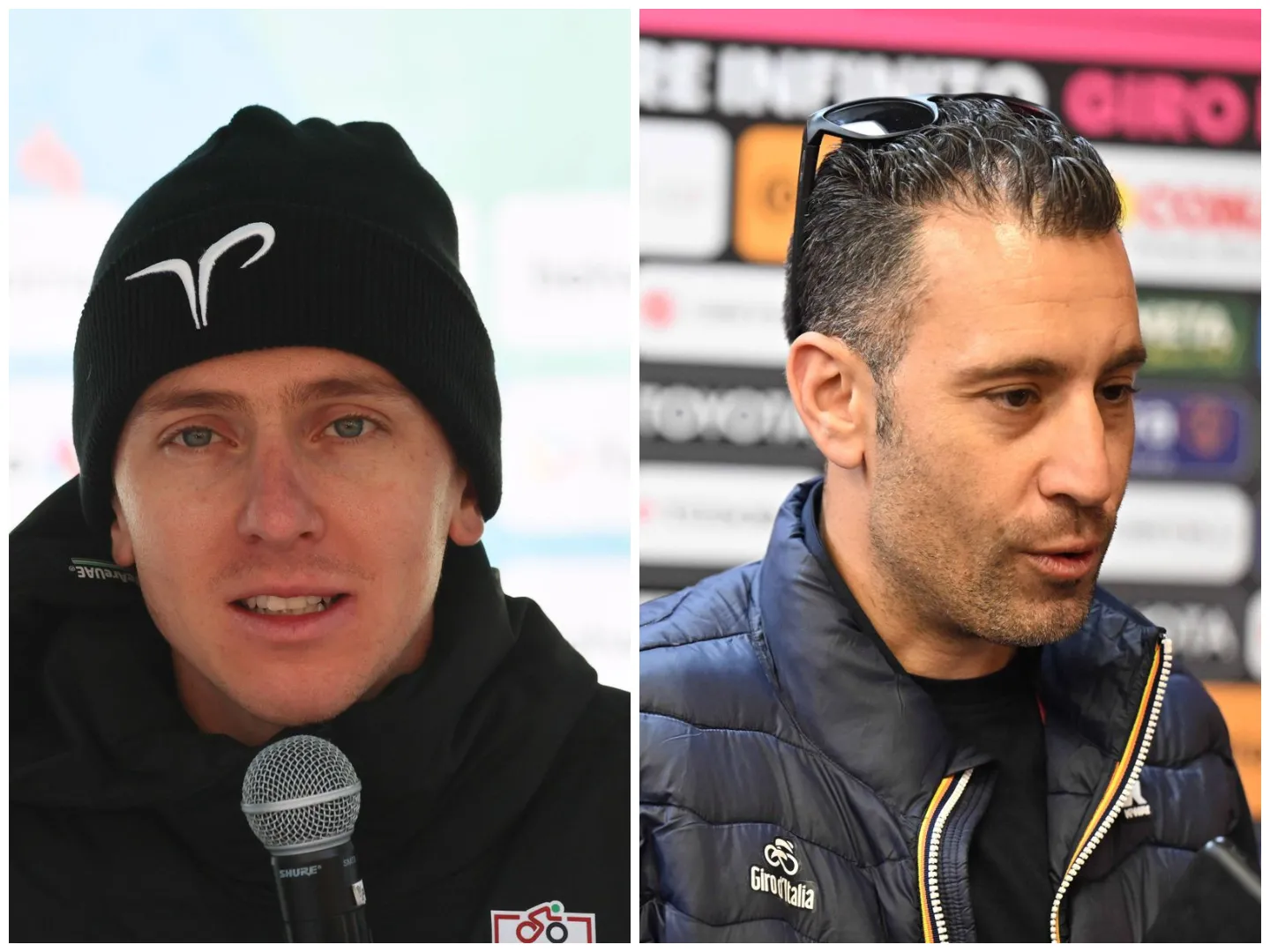 Vincenzo Nibali and Tadej Pogacar respectively, talking into the microphones during the 2025 season