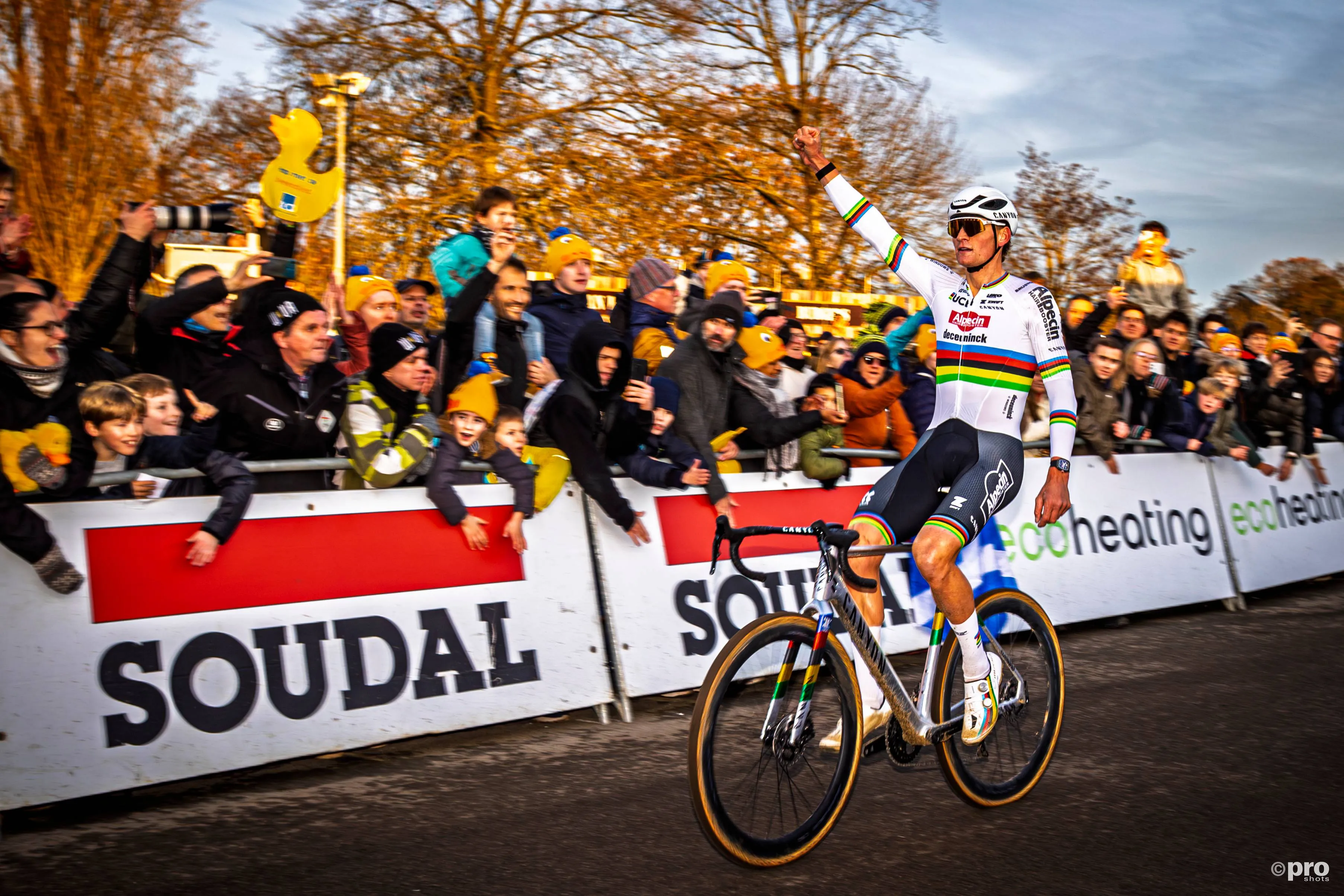 Mathieu van der Poel celebrating a victory in a cyclocross race