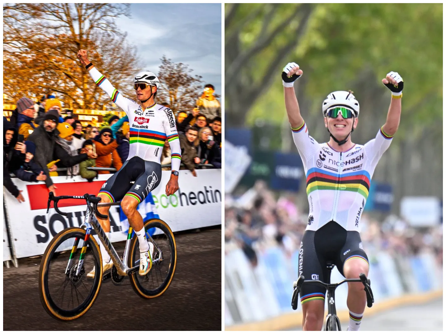 Tadej Pogacar and Mathieu van der Poel racing in the rainbow jersey in the 2025 season