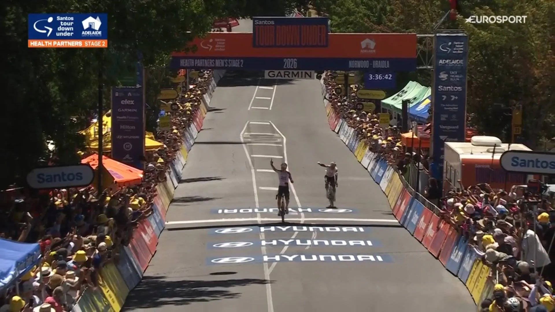 Jay Vine and Jhonatan Narváez celebrate victory on stage 2 of the 2026 Tour Down Under