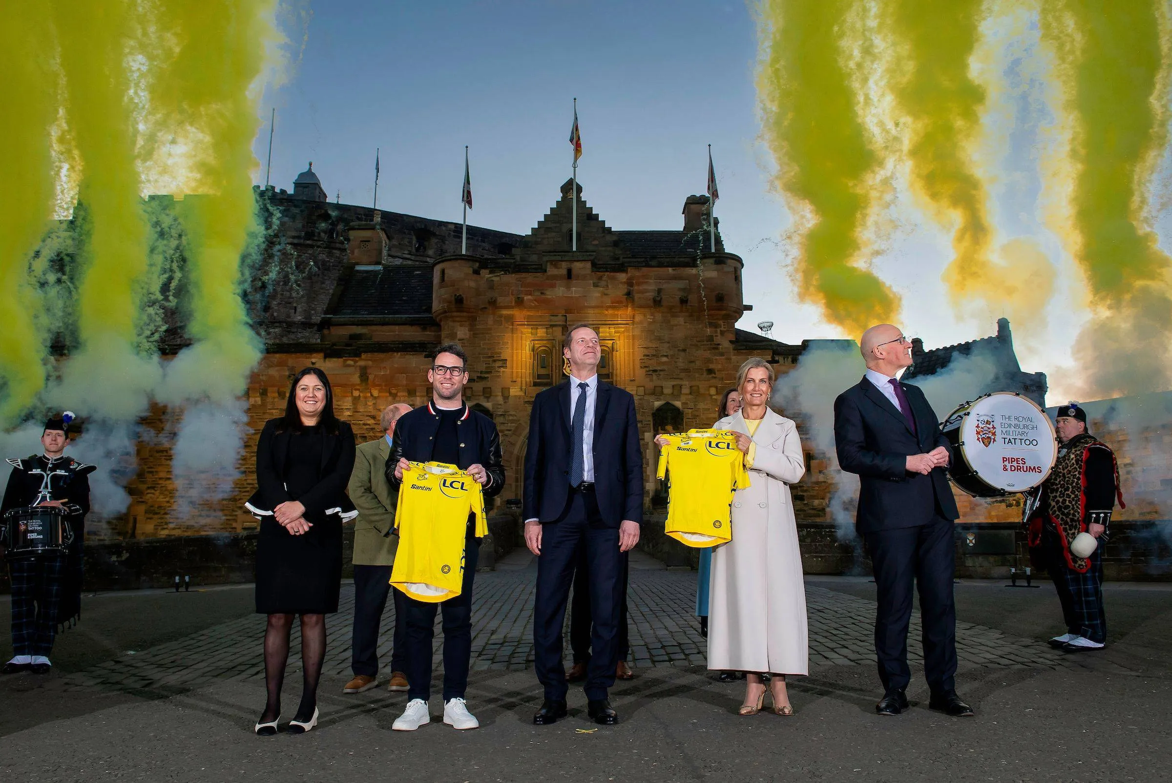 Mark Cavendish and Christian Prudhomme at the unveiling of the 2027 Tour de France Grand Depart in Edinburgh