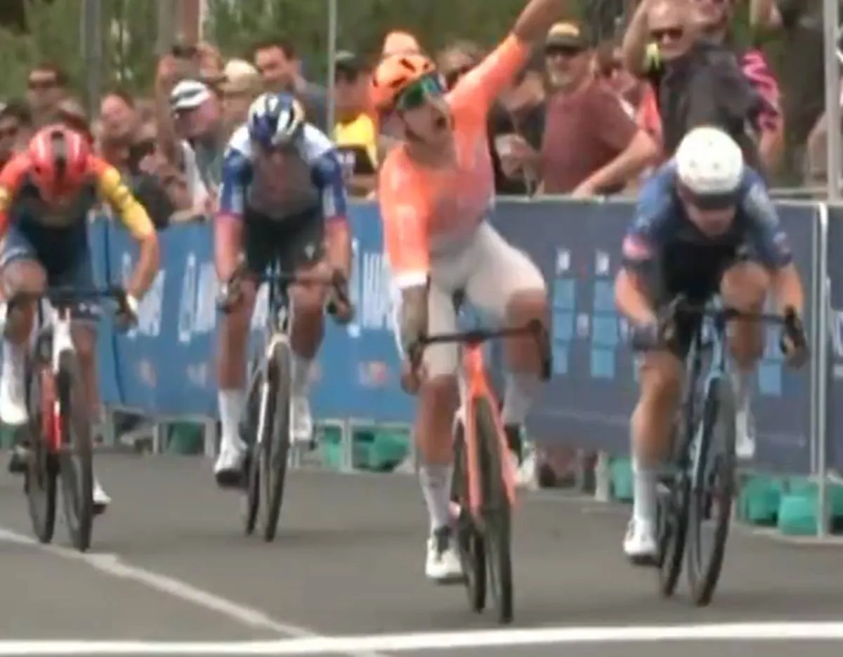 Sam Welsford celebrates his victory at the 2026 Cadel Evans Criterium