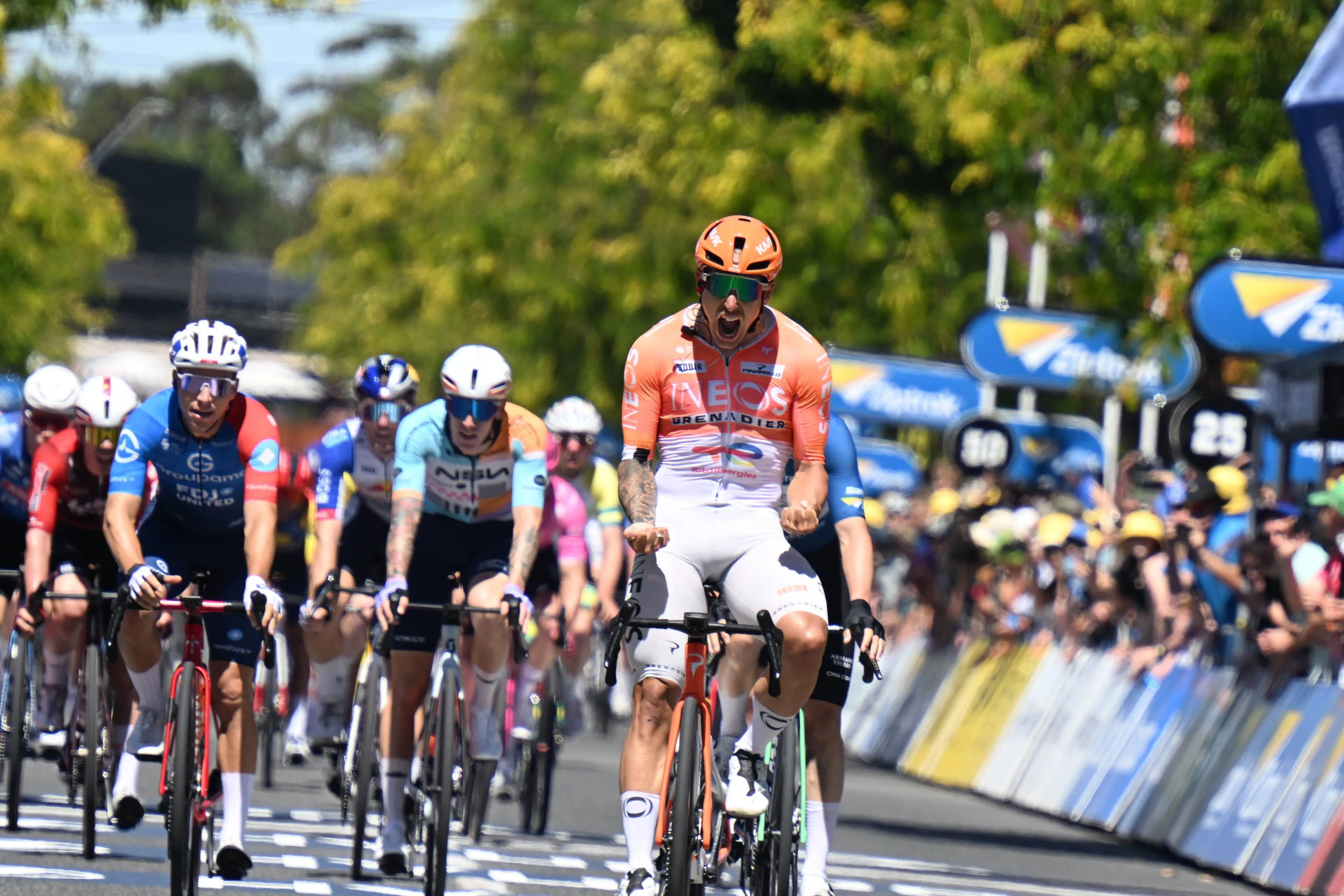 Sam Welsford celebrates victory at stage 3 of the 2026 Tour Down Under