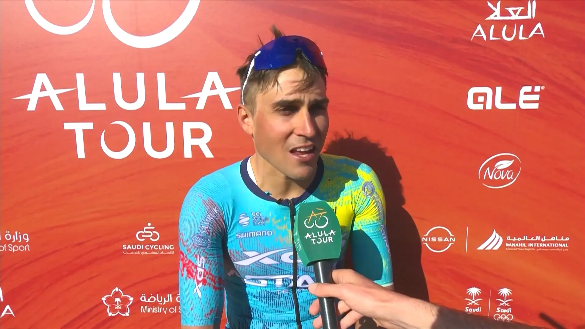 Matteo Malucelli speaks to the media after his stage win at the 2026 AlUla Tour