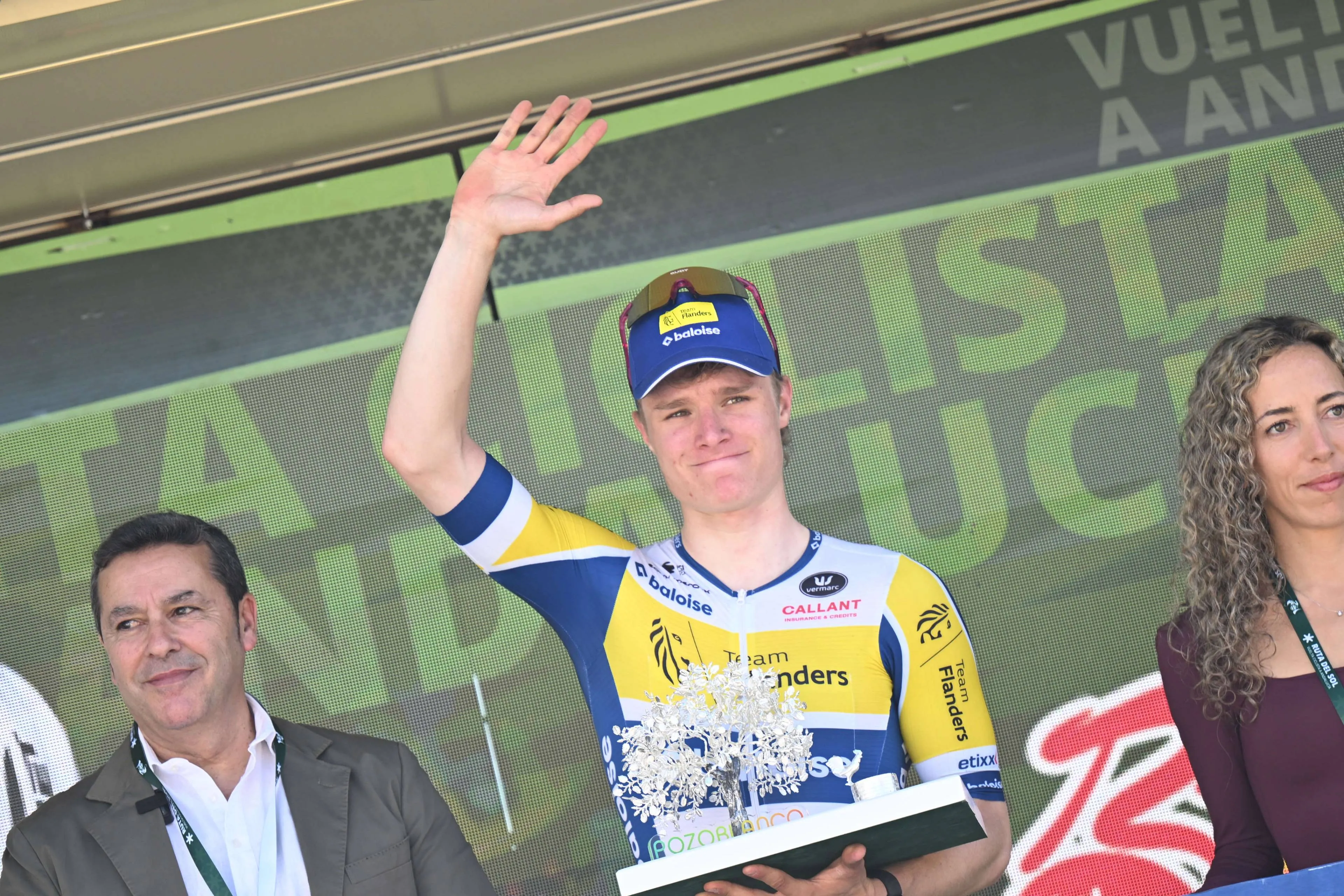 Tom Crabbe celebrates on the podium after winning stage 4 of the 2026 Vuelta a Andalucia