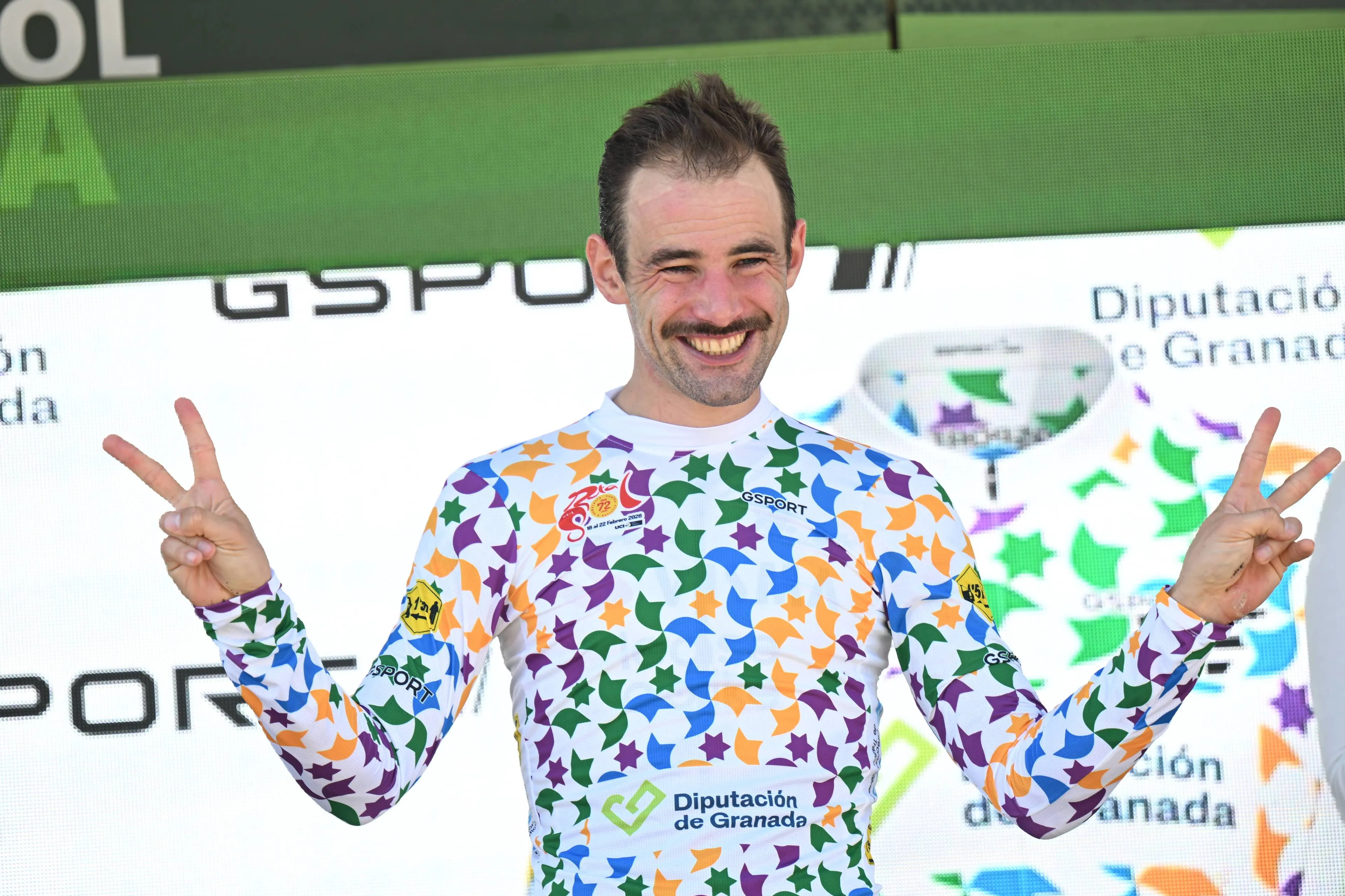 Victor Campenaerts on the podium after stage 1 of the 2026 Vuelta a Andalucia