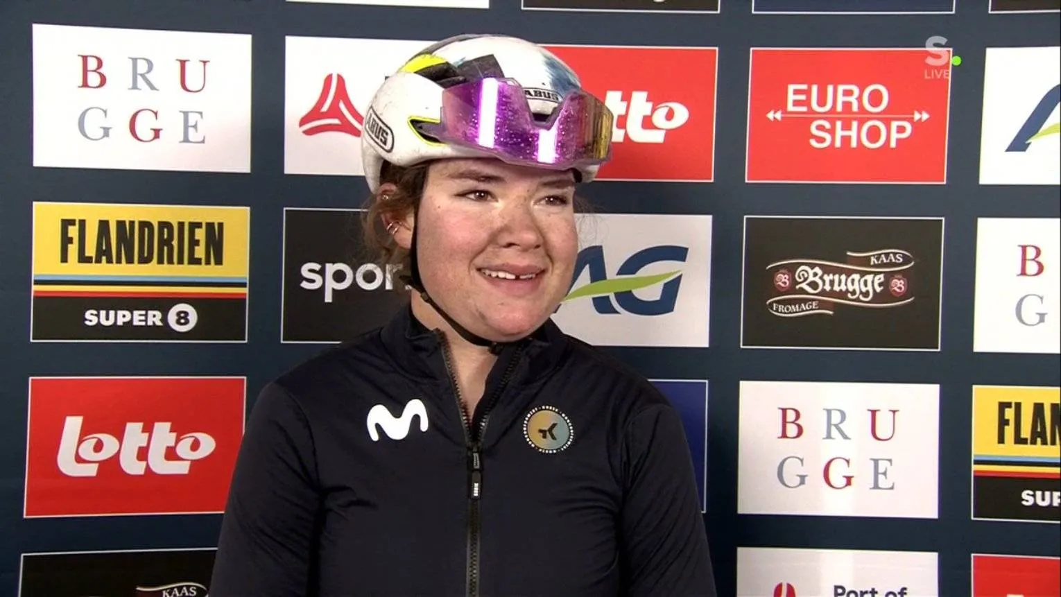 Carys Lloyd speaks to the media after winning Ronde van Brugge 2026