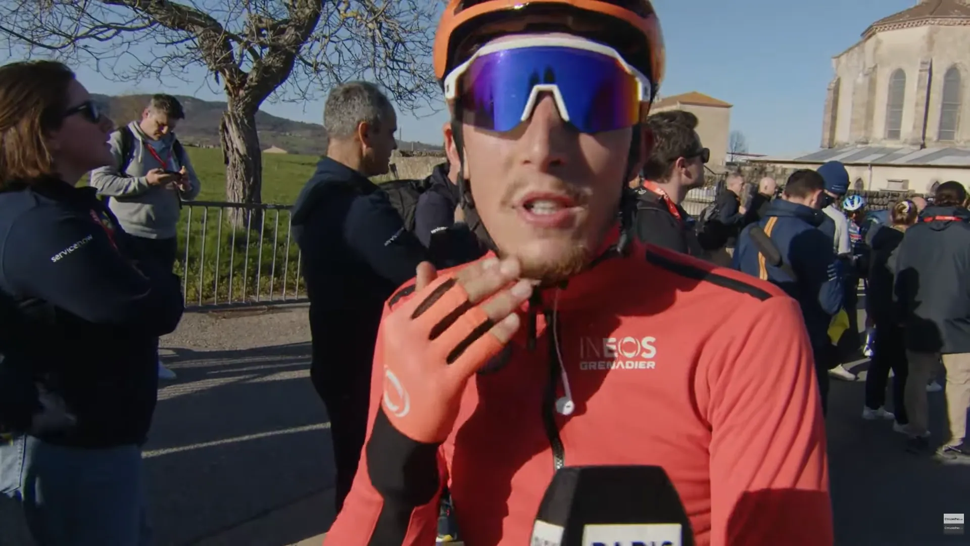 Kevin Vauquelin talks to the media during Paris-Nice