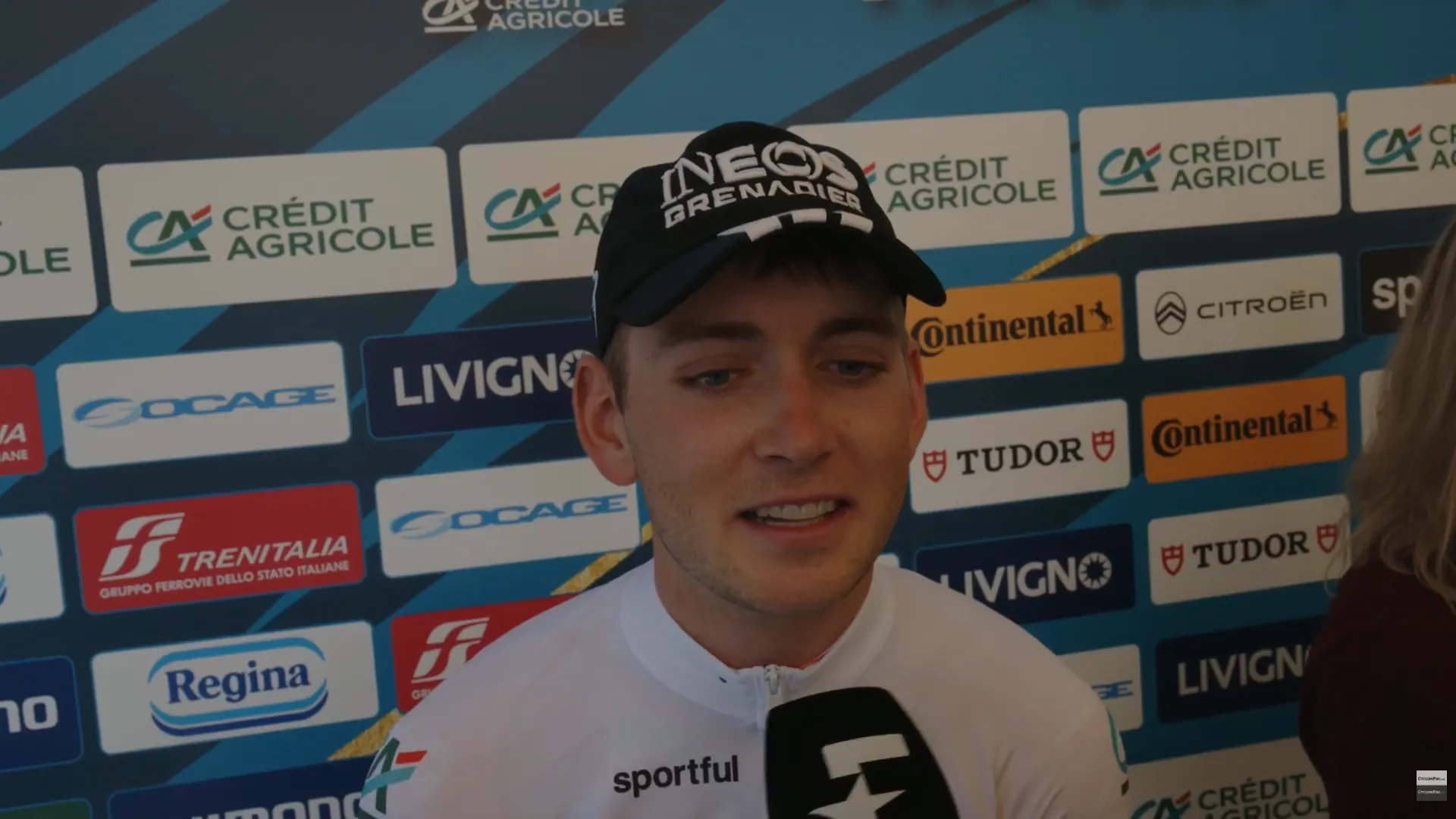 Magnus Sheffield speaks to the media after stage 1 of Tirreno-Adriatico 2026