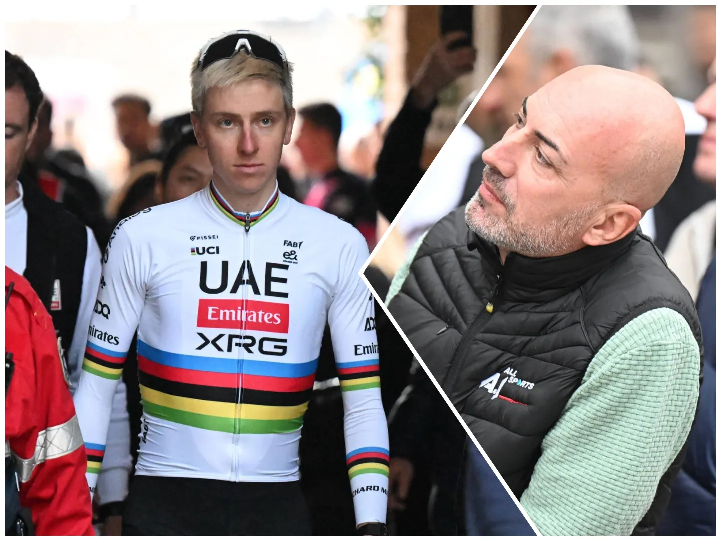 Tadej Pogacar and his agent Alex Carera at the 2026 Strade Bianche