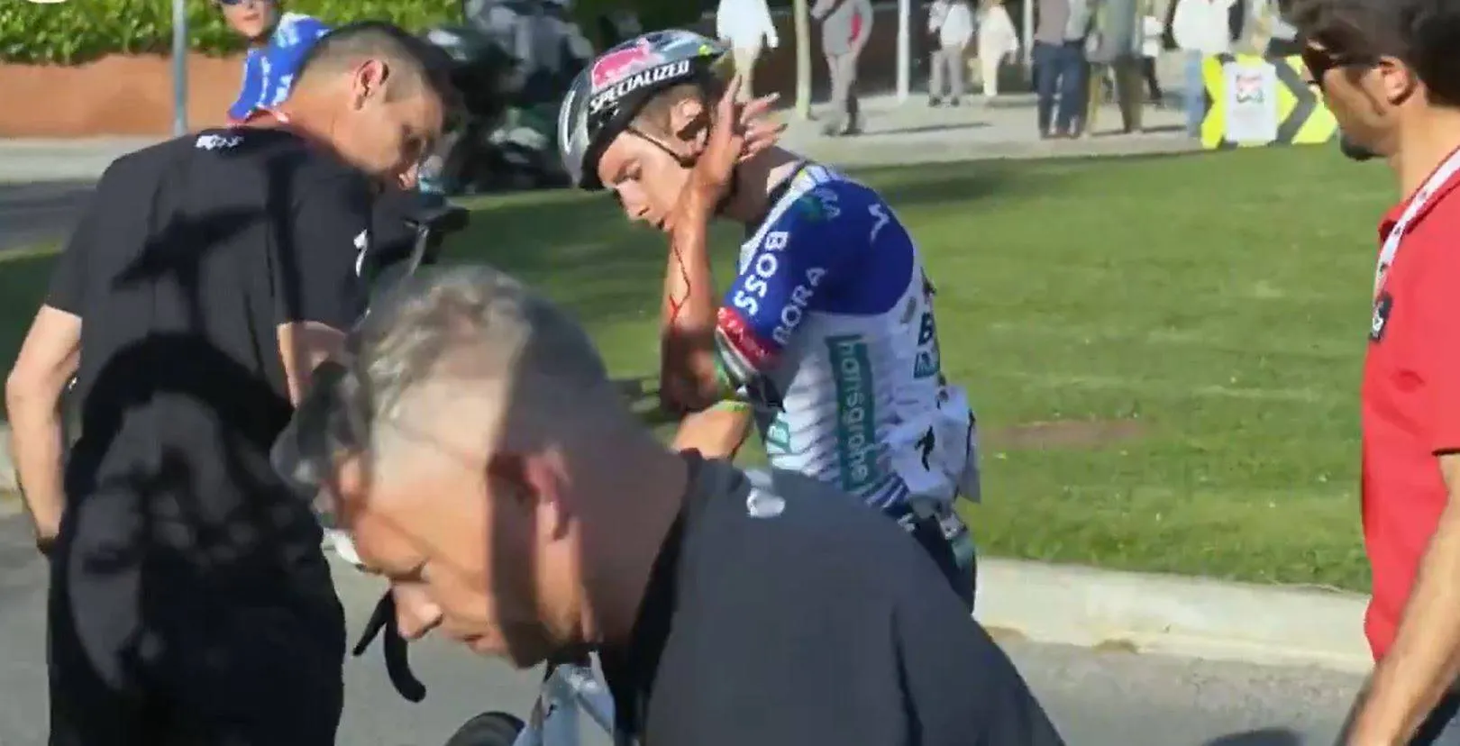 Remco Evenepoel after crashing on stage 3 of the 2026 Volta a Catalunya