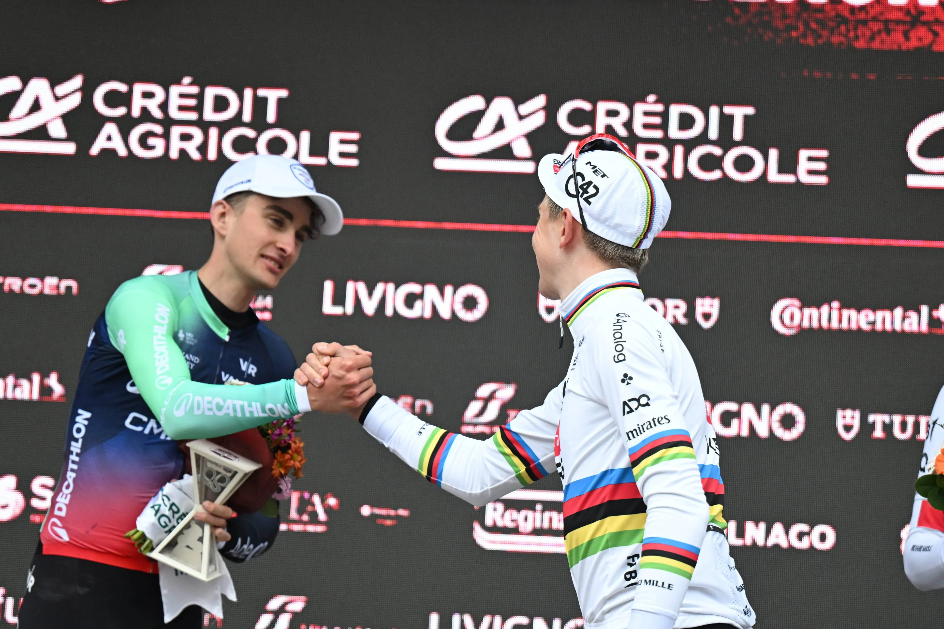Tadej Pogacar and Paul Seixas at the 2026 Strade Bianche