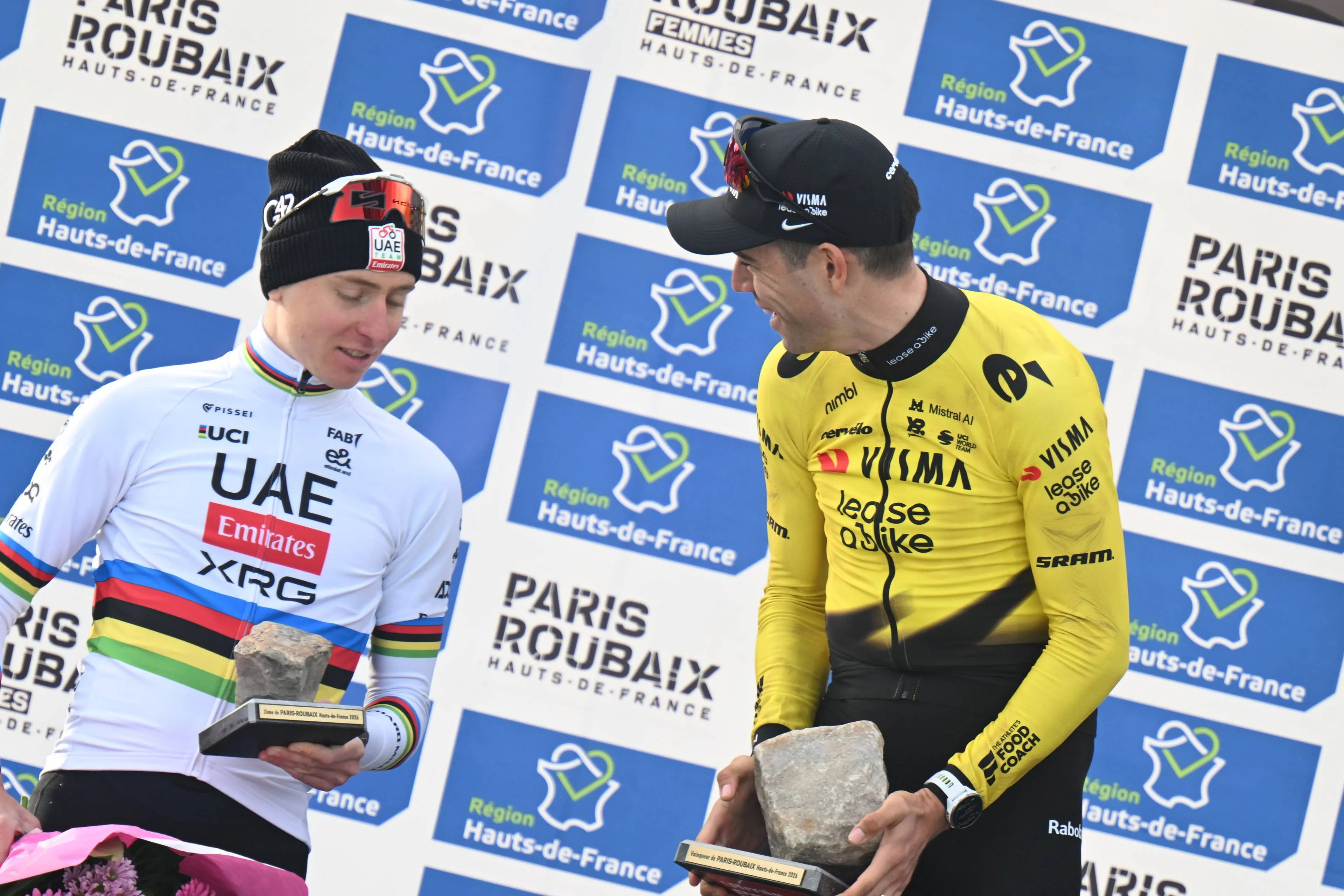 Tadej Pogacar and Wout Van Aert at the 2026 Paris-Roubaix