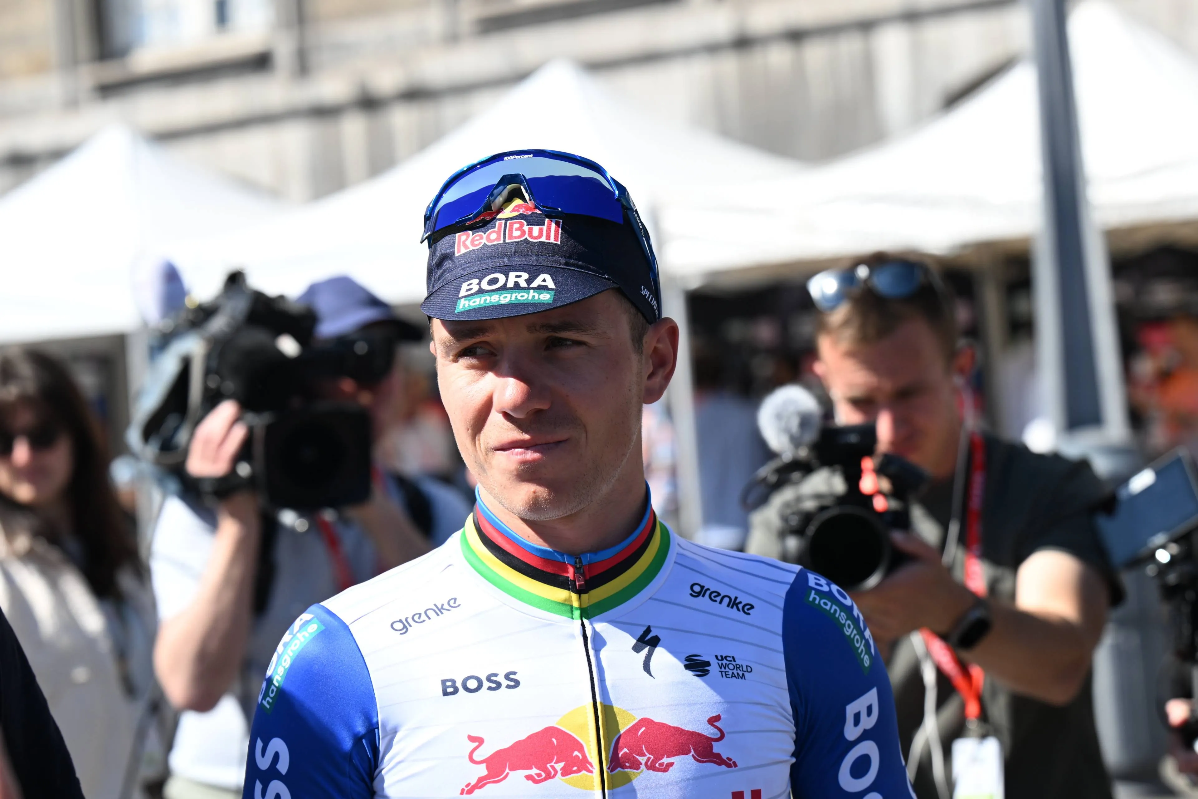 Remco Evenepoel at the pre-Liege-Bastogne-Liege 2026 team presentation