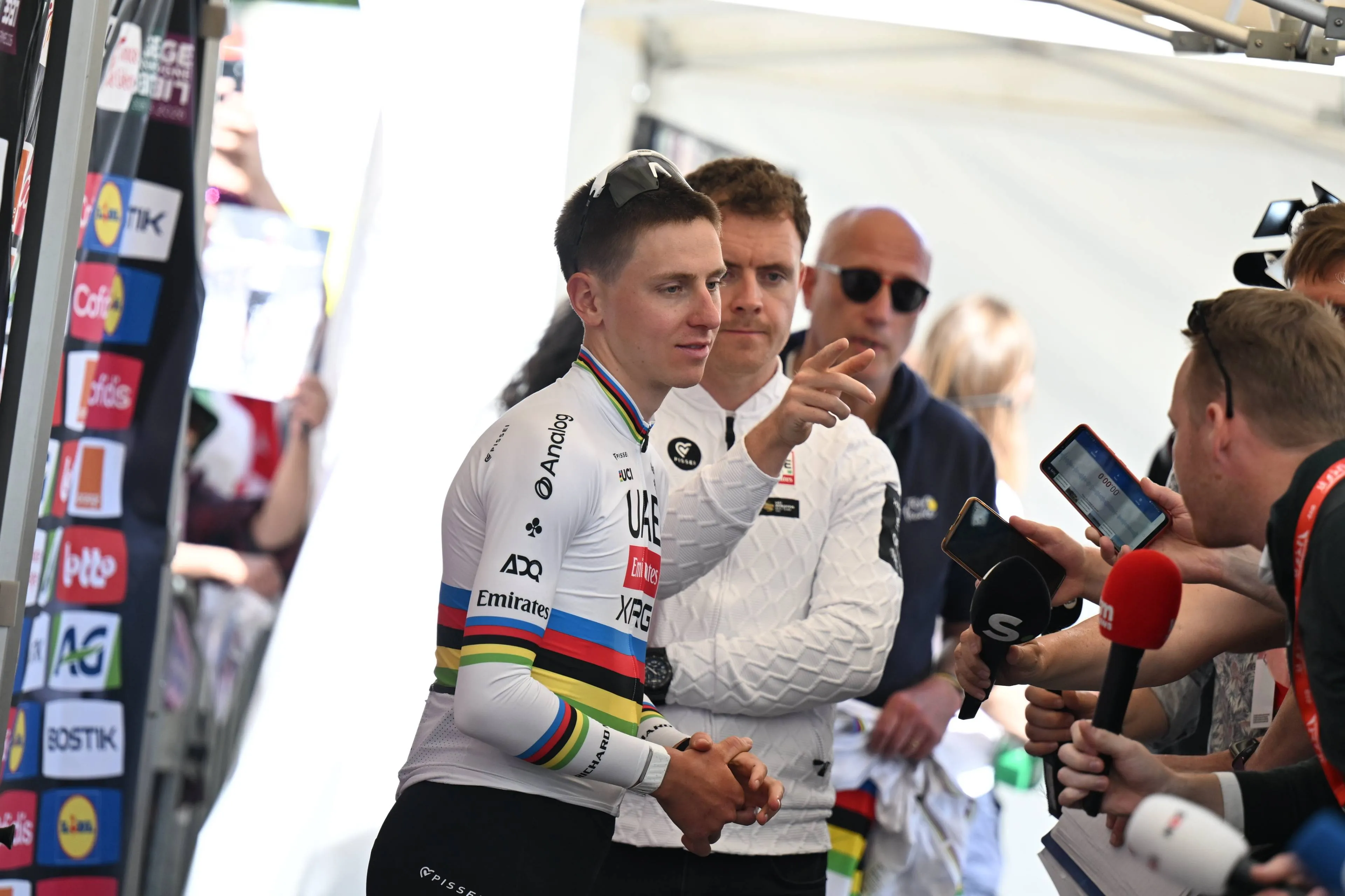 Tadej Pogacar at the pre-Liege-Bastogne-Liege 2026 team presentation