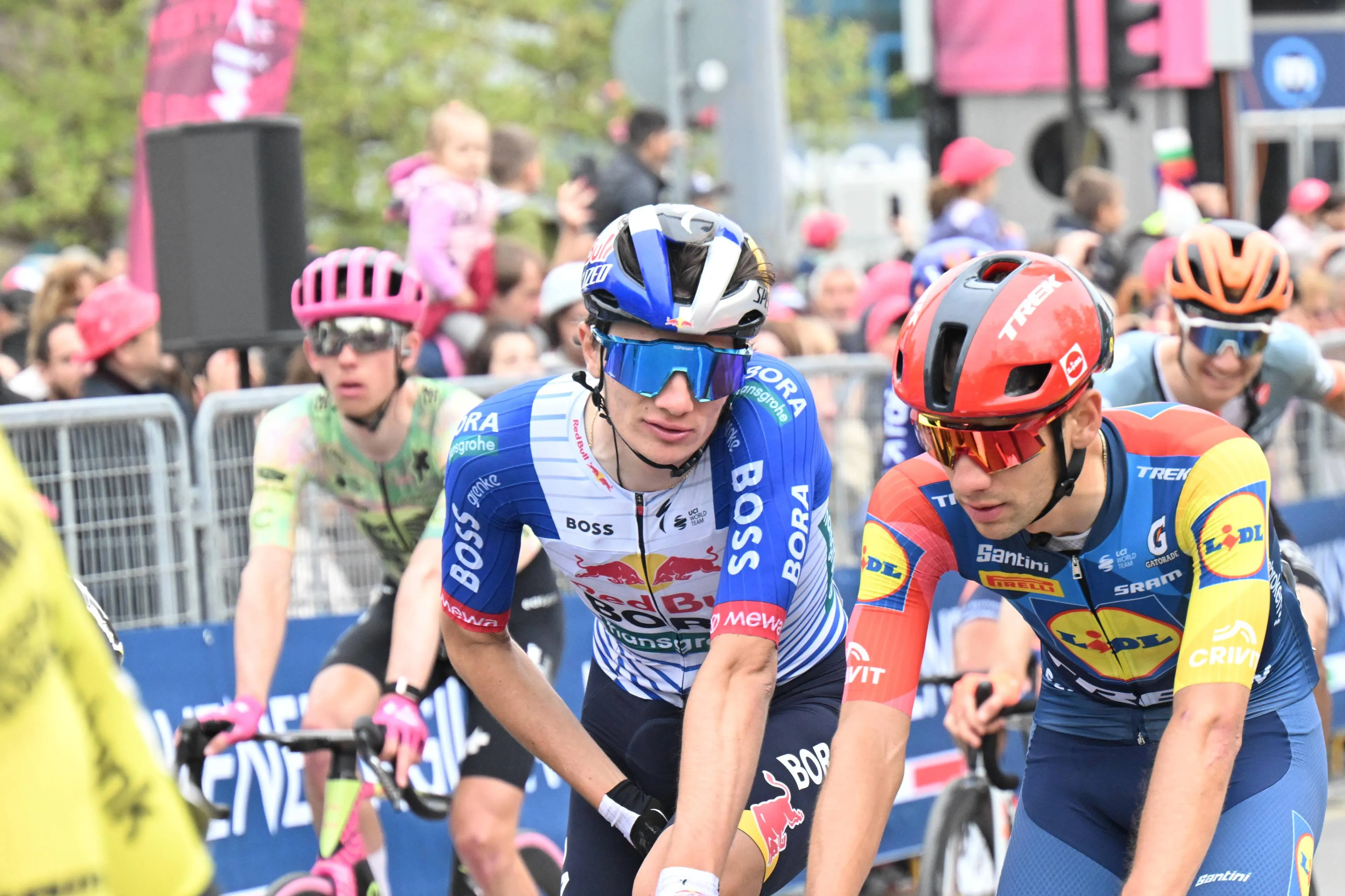Giulio Pellizzari crosses the line on stage 1 of the 2026 Giro d'Italia
