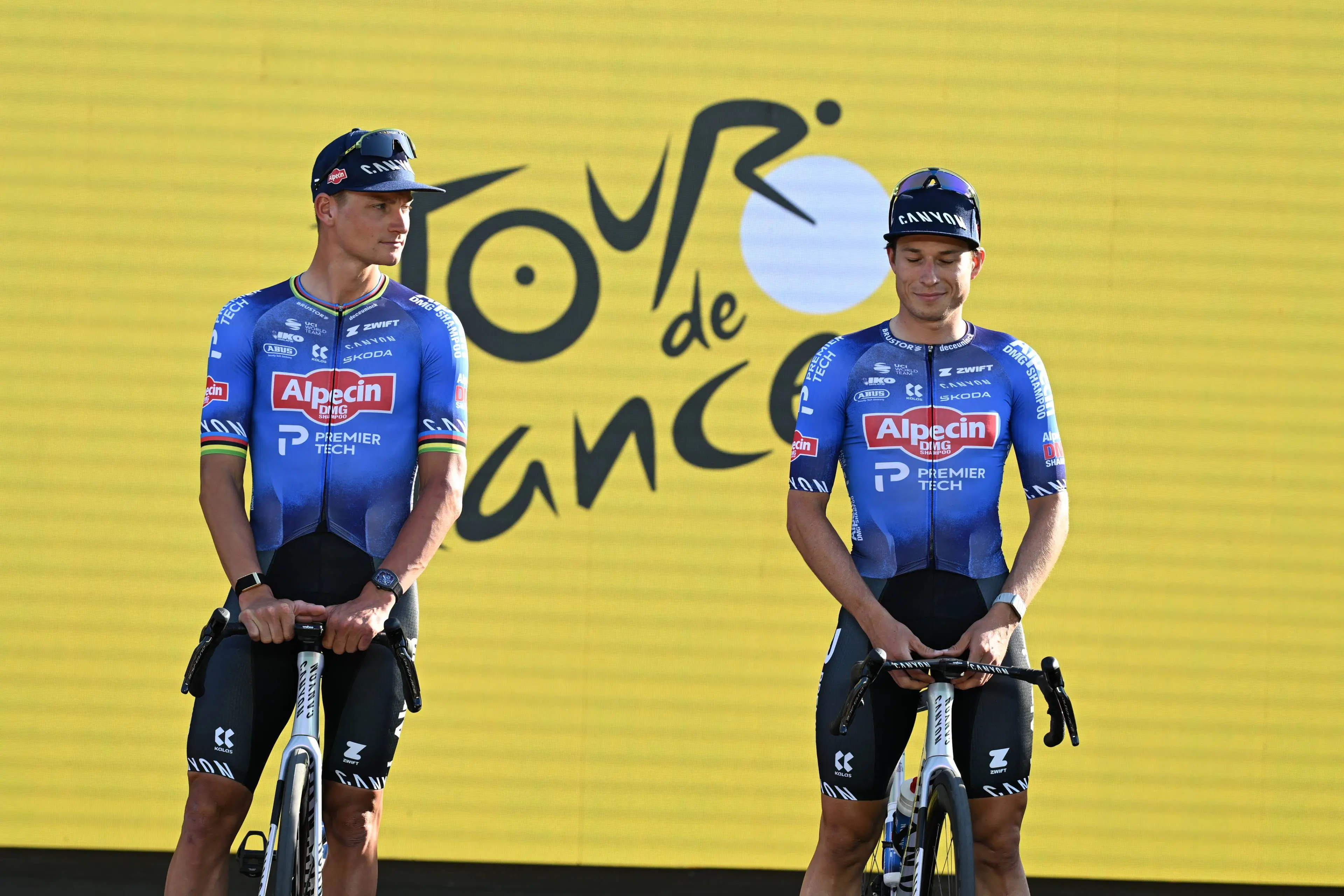 Mathieu van der Poel and Jasper Philipsen at the 2026 Tour de France team presentation