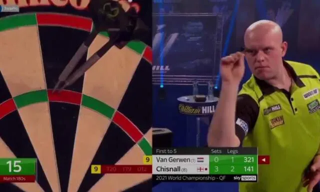 VIDEO: Van Gerwen laat Chisnall op hilarische wijze '9-darter' zien